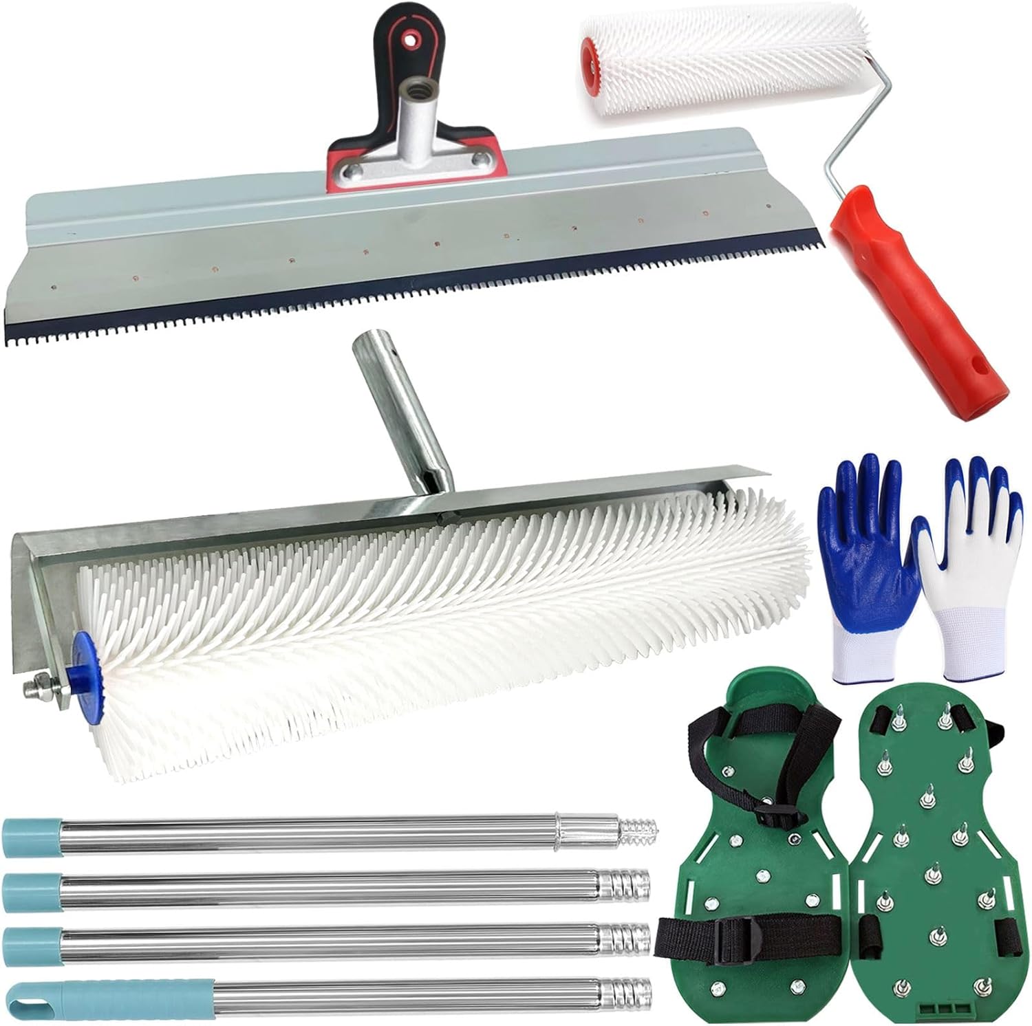 Self Leveling Tools Kit Spiked Roller 20 in 9 inch Epoxy Roller Spike Shoes for Concrete Epoxy Flooring Stainless Steel Notched Squeegee Rake Cement Floor Leveling Tools