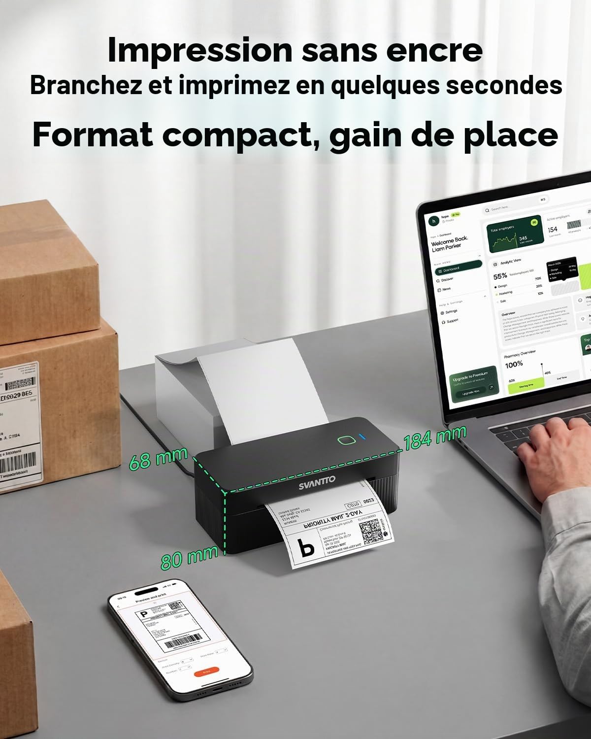 SVANTTO Imprimante Etiquette Expedition Bluetooth, Imprimante Etiquette Autocollante 4x6 pour Petites Entreprises, Compatible avec DHL, DPD, UPS, Shopify, iPhone, Mac, Windows, Noir