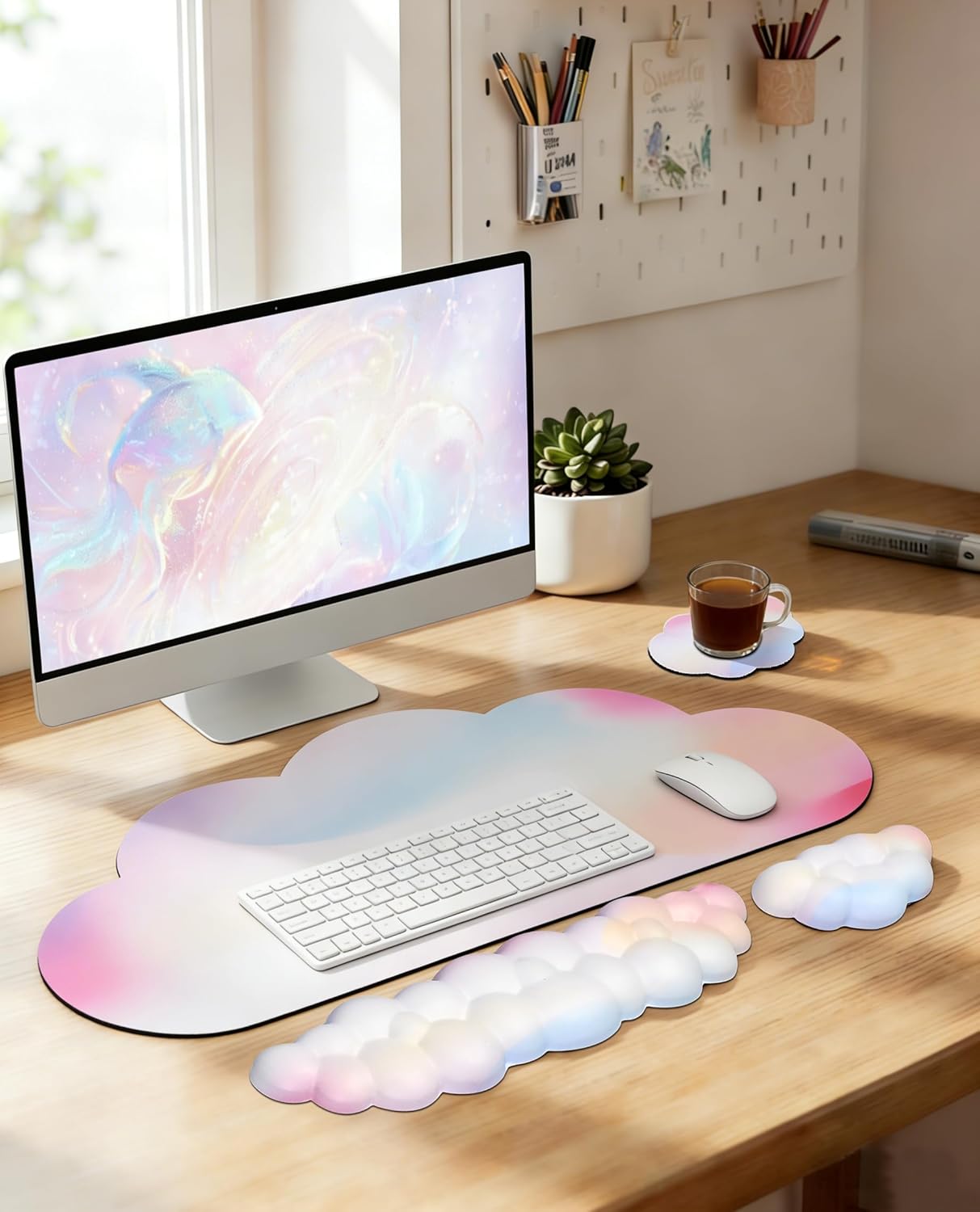 JIKIOU Large Cloud Mouse Pad Waterproof with Cloud Keyboard Wrist Pad and Cloud Mouse Wrist Pad Set, Ergonomic Computer Desk Wrist Support Mousepad for Keyboard and Mouse 35.4x15.7in Rainbow