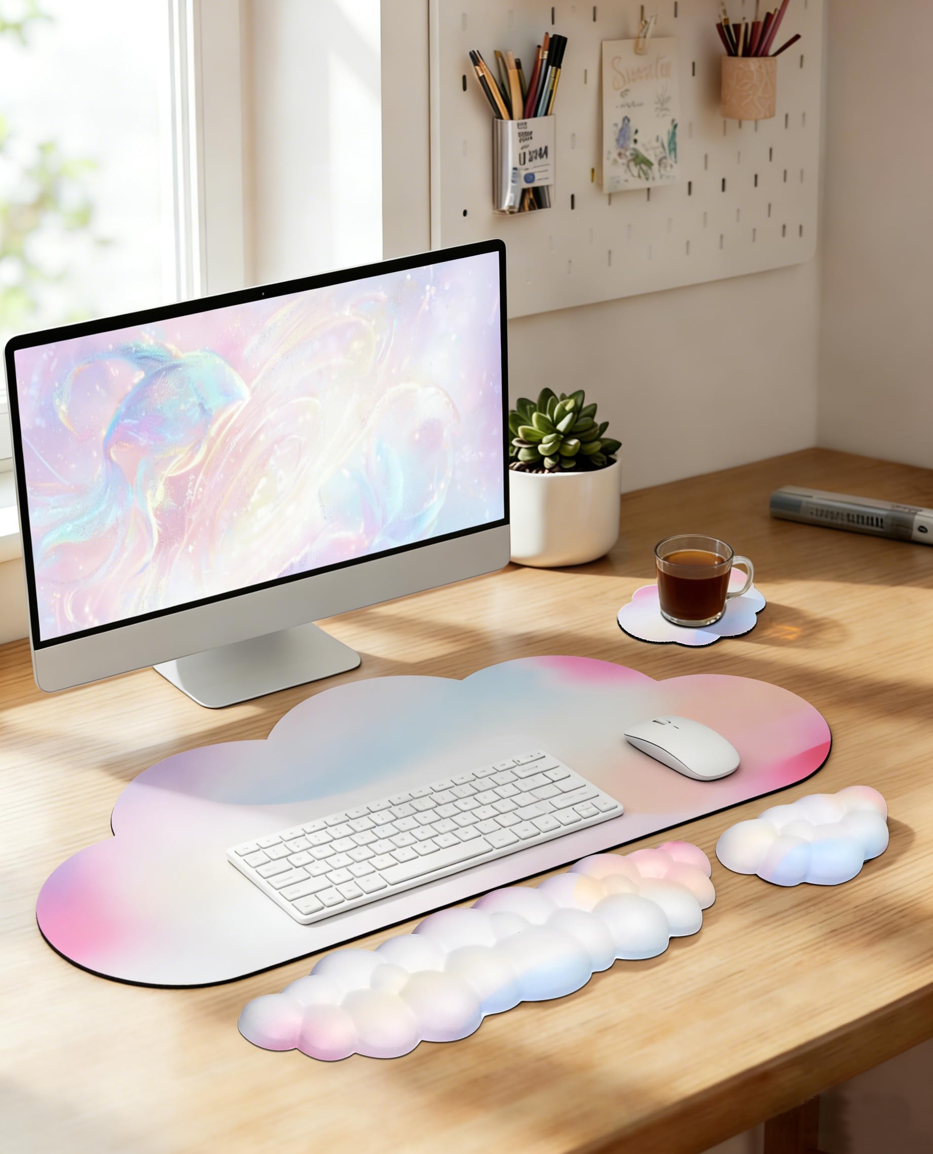 JIKIOU Large Cloud Mouse Pad Waterproof with Cloud Keyboard Wrist Pad and Cloud Mouse Wrist Pad Set Ergonomic