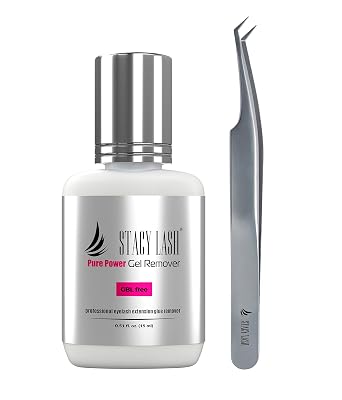 Pure Gel Remover 15ml & Stacy Lash STL-13 Curved L-Shaped Tweezers/GBL Free/Fast Lash Adhesive Dissolution time - 60 Sec/Precision Stainless Steel Tool/Angled Tips/Professional Supplies
