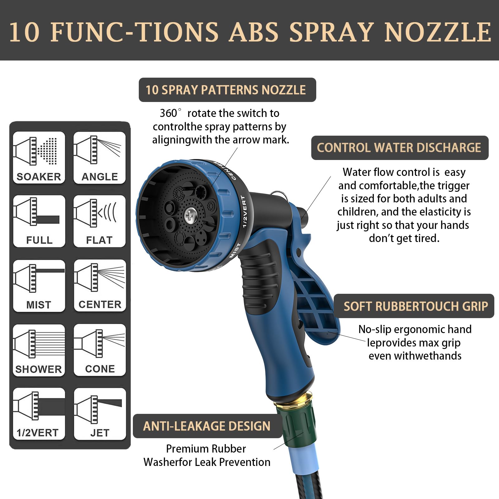 Heavy Duty Non-Expanding Garden Hose 100ft - Durable Reinforced Water Hose with Leak-Proof Construction ， Kink-Resistant, TPV material, 10-Function Spray Nozzle, 3/4" Connector & Portable Strap（100FT)