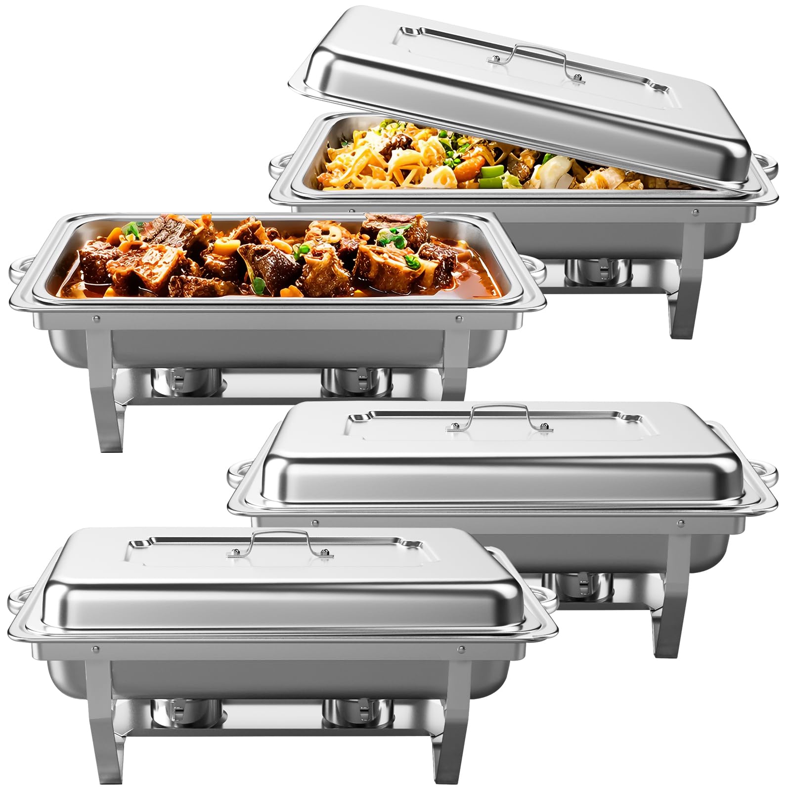 Chafing Dish Speisenwärmer 9L Edelstahl Buffetwärmer Warmhaltebehälter mit Deckel Lebensmittelpfannen und Brennstoffhaltern für Catering, Buffet und Party (4 Sets)