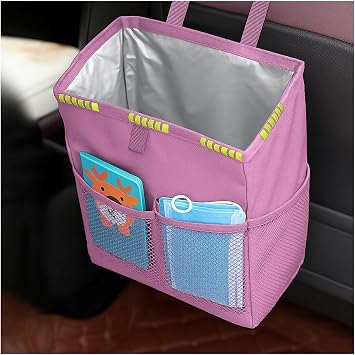 Car Trash Bag, Leak-Proof Large Capacity 3.4 Gallons Hanging Vehicle Trash Bin with Storage Pocket, Multipurpose Portable Auto Garbage Bag for Travel, Universal Fit Pink