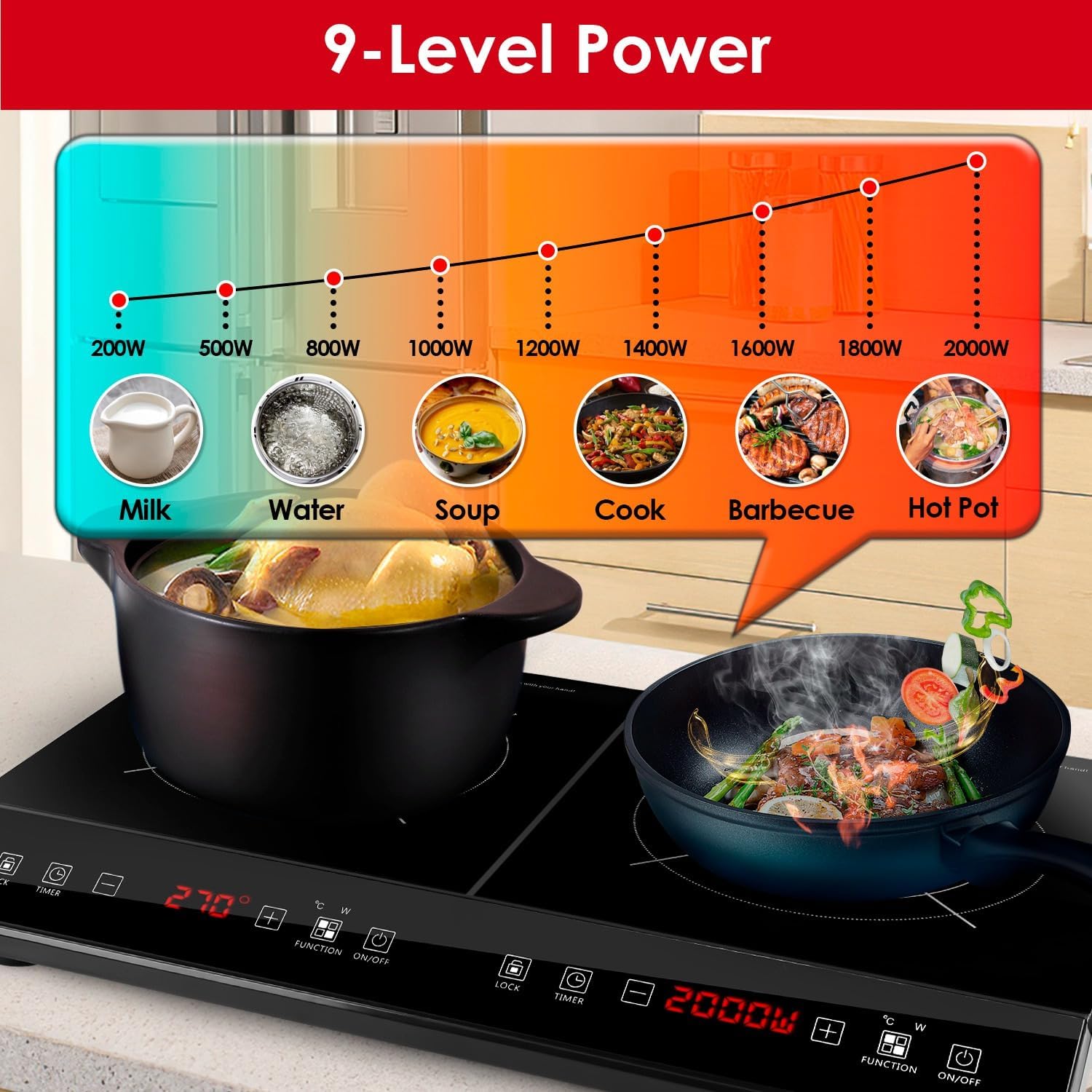 4000W Double Induction Cooktop Portable Electric Dual Burner Stove with 9 Power Levels, 9 Temperature Settings, 3H Timer, Touch Control Countertop Hot Plate for Fast Efficient Cooking