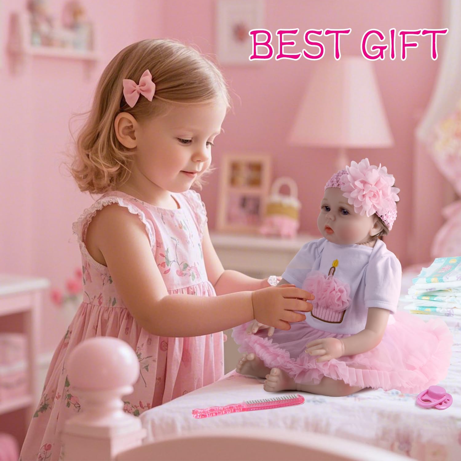 Reborn Baby Doll Clothes 11pcs Pink Dress for 17-22 Inch Reborn Dolls Baby Girl Clothes Diaper Soft Bed Accessories