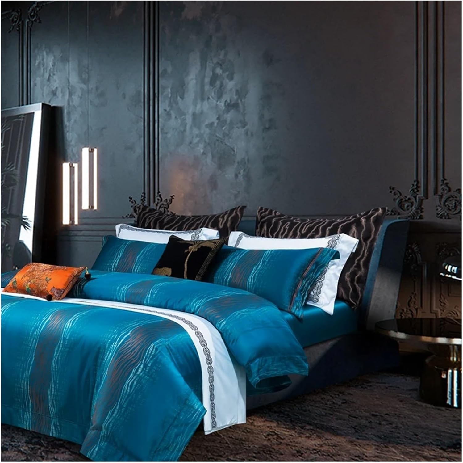 Luxury Gold Yarn Dye Bedlinen Bedding Set 1000TC Egyptian Cotton Duvet Cover Flat Sheet Pillowcases,Bed, Blue, MM-102