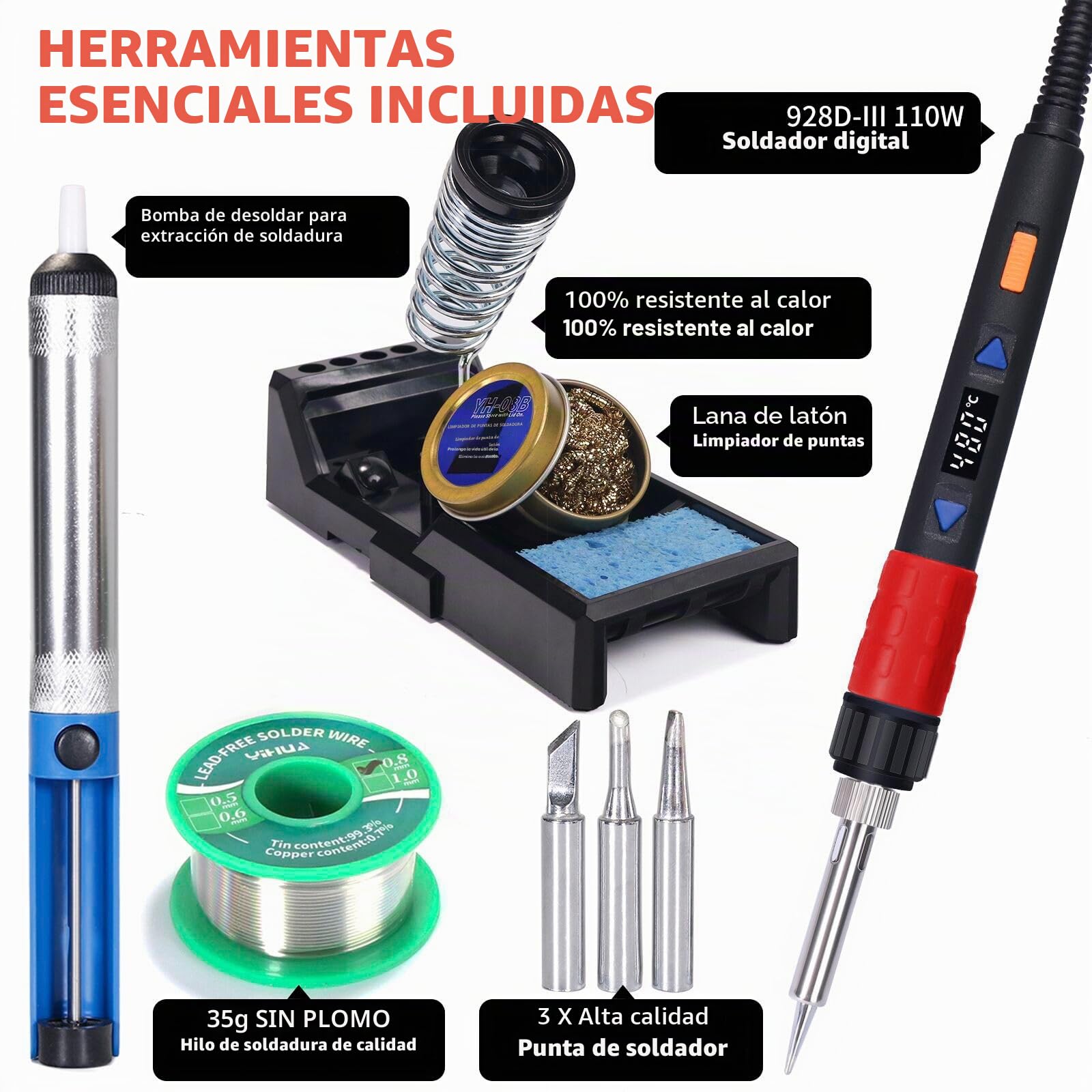YIHUA 928D-III 110W Soldador digital portátil con función de estabilización de temperatura y pantalla LED para soldadura y soldadura de vidrieras (BE)