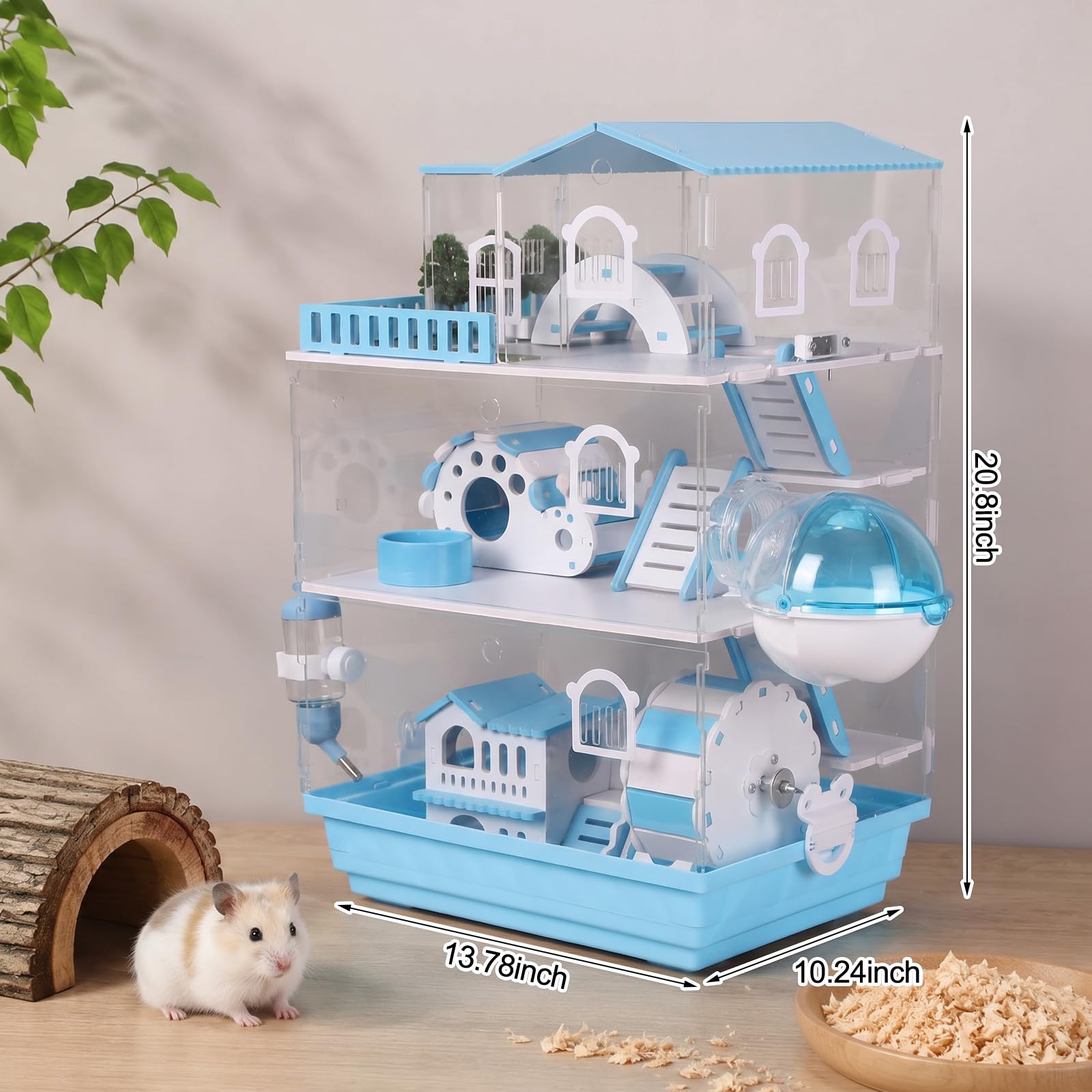 Eccliy Cage pour hamster 15 en 1 en acrylique transparent à 3 couches avec tous les accessoires, 50,8 x 34,7 x 25,4 cm, connexion magnétique, cage à souris de style jardin pour animaux domestiques
