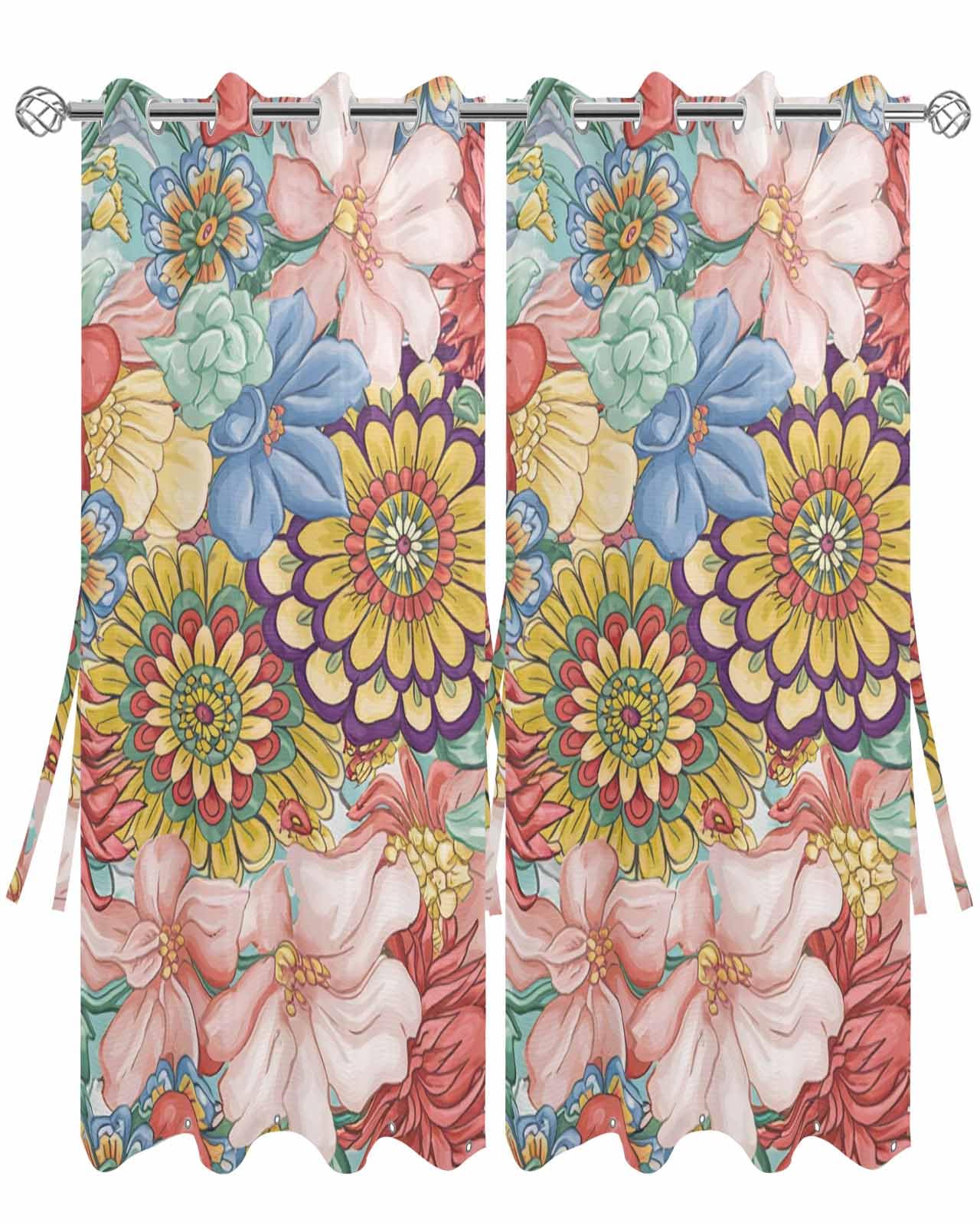 Sabolny Boho Floral Outdoor Curtains for Patio Waterproof,Bohemia Country Colorful Mandalas Flower Patio Porch Outside Grommet Curtains for Cabana Pergola Privacy & Blocking Sunlight,2 Panel 54