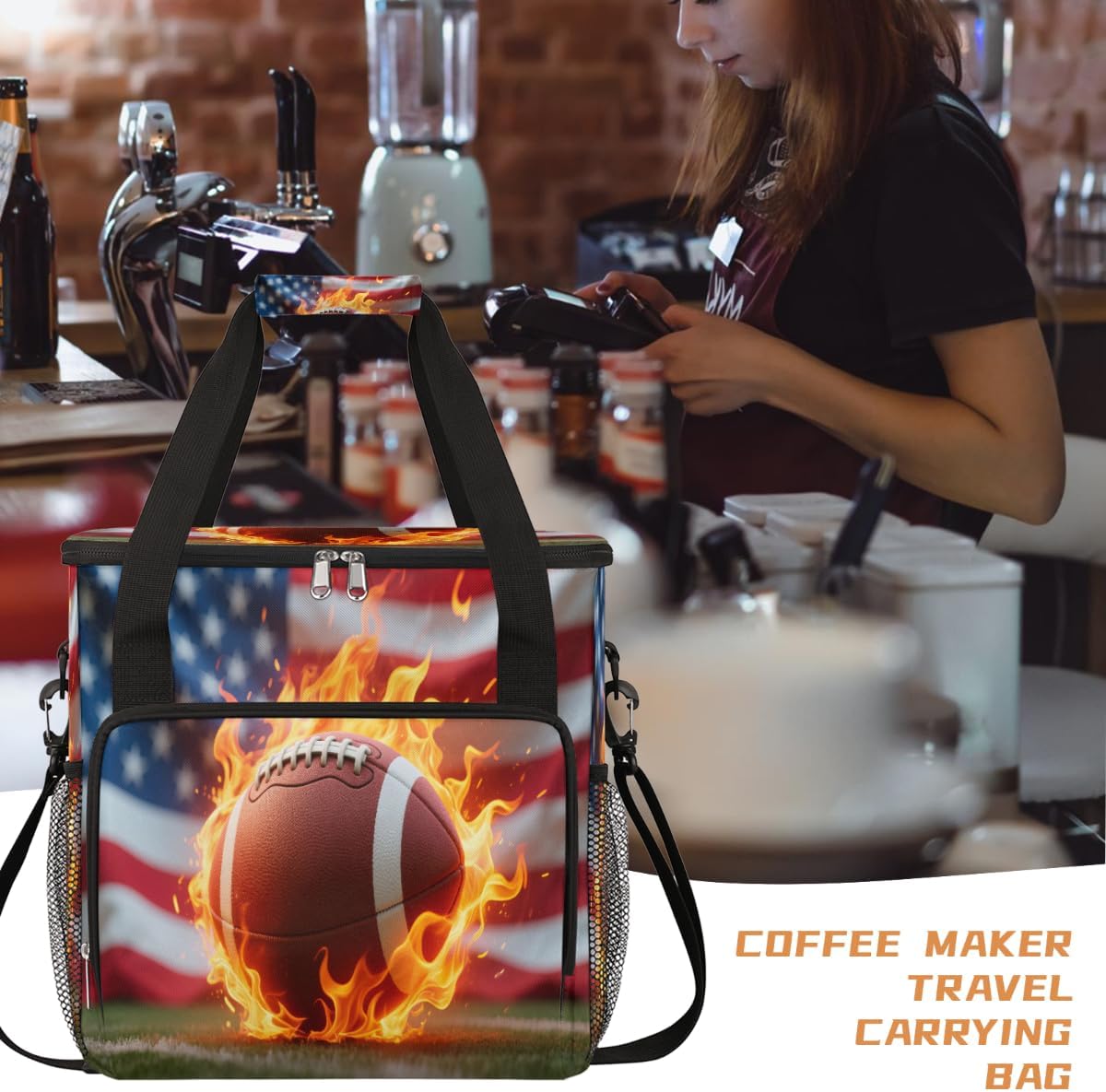 Usa Football Portable Coffee Maker Carrying Bag Compatible with Keurig K-Mini or K-Mini Plus - Travel Storage Tote with K-Cup Pod Pockets for Single Serve Coffee Brewer