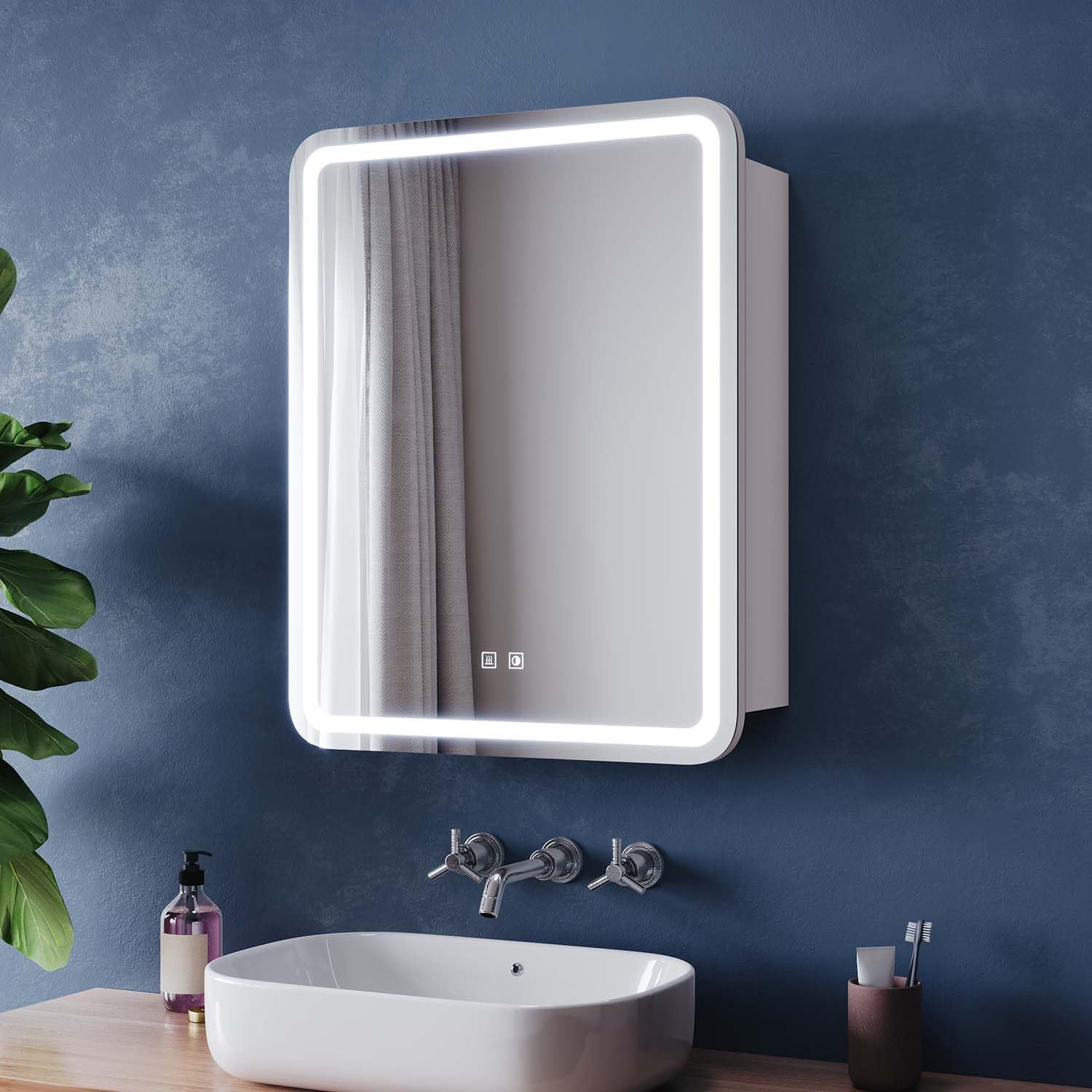 ZANOFIRA Bathroom Mirror Cabinet with LED Lights and Shaver Socket, 550x700mm Fully Assembled Wall-Mounted Mirror Cabinet with 3 Colors Dimmable, Defogger, Tissue Slot, Cool White
