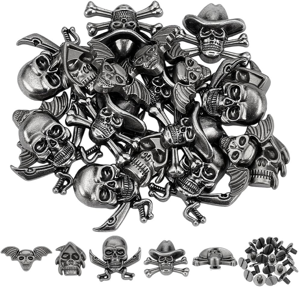PH PandaHall 20pcs Skull Head Rivets Skull Leather Decorative Buttons, 4 Styles Screw Back Punk Skull Head Alloy Rivets for Clothes Bag Leather Jacket Belt DIY Craft Making