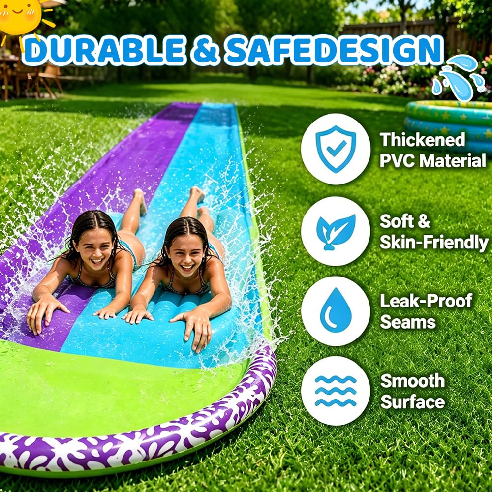Wasserrutsche Garten, 6,1 * 1,4M Doppel Wasserrutschmatte, Wasserspielzeug Outdoor mit 2 Surfboard, Rasen Wasserrutsche Rutschmatte mit Sprinkler, Wasserbahn Duell für Garten Rasen