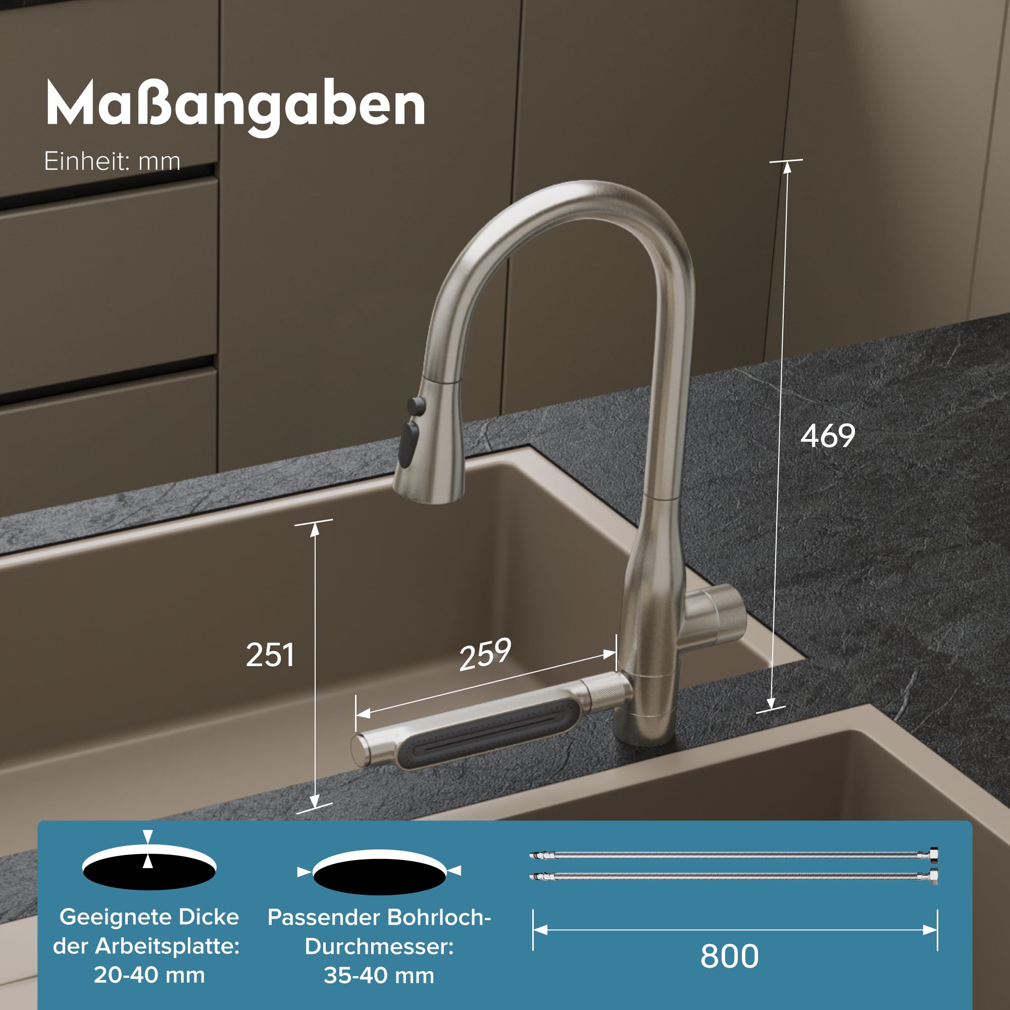 doporro Wasserhahn Küche Hochdruck, Küchenarmatur ausziehbar mit Brause | Spültischarmatur Küche aus Edelstahl, Armatur Küche 360 Grad schwenkbar, 5 Strahlarten, Mischbatterie Turnix-03