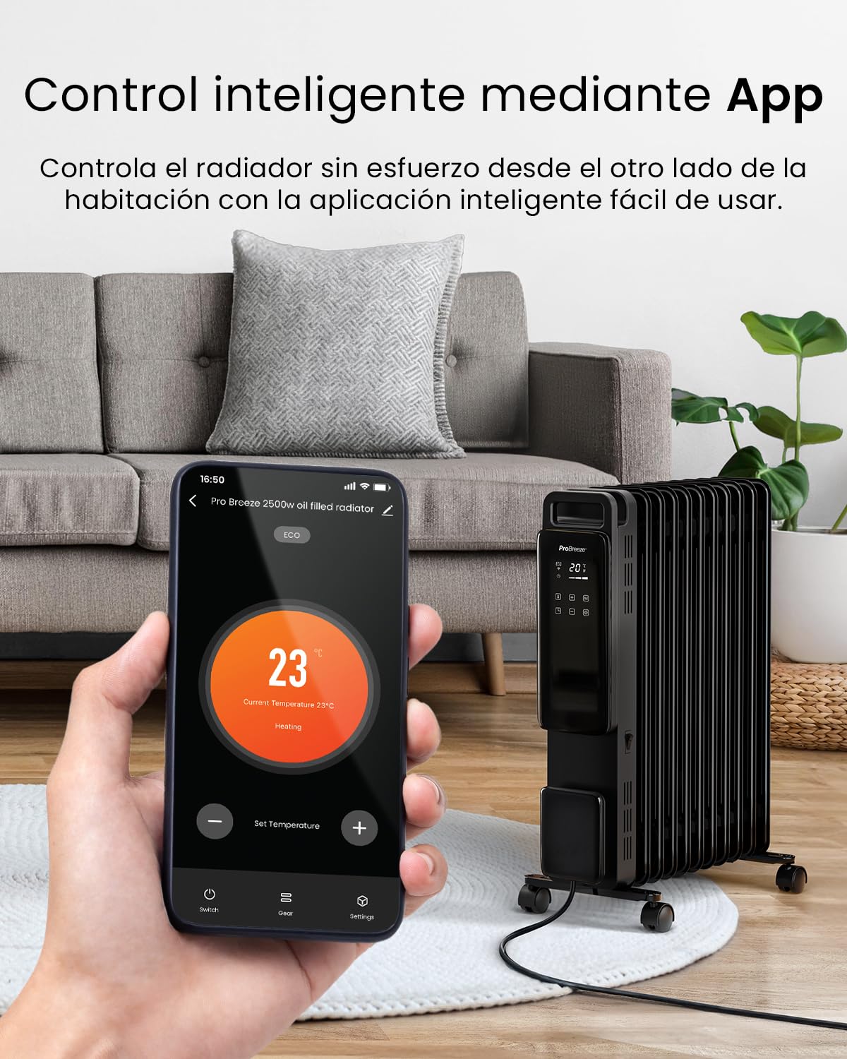 Pro Breeze OmniWarm Radiador de Aceite 2500W, 11 Aletas, Portátil, Pantalla Digital Táctil, Modo Eco, 3 Modos de Calor Ajustable, Apagado de Seguridad y Temporizador 24H