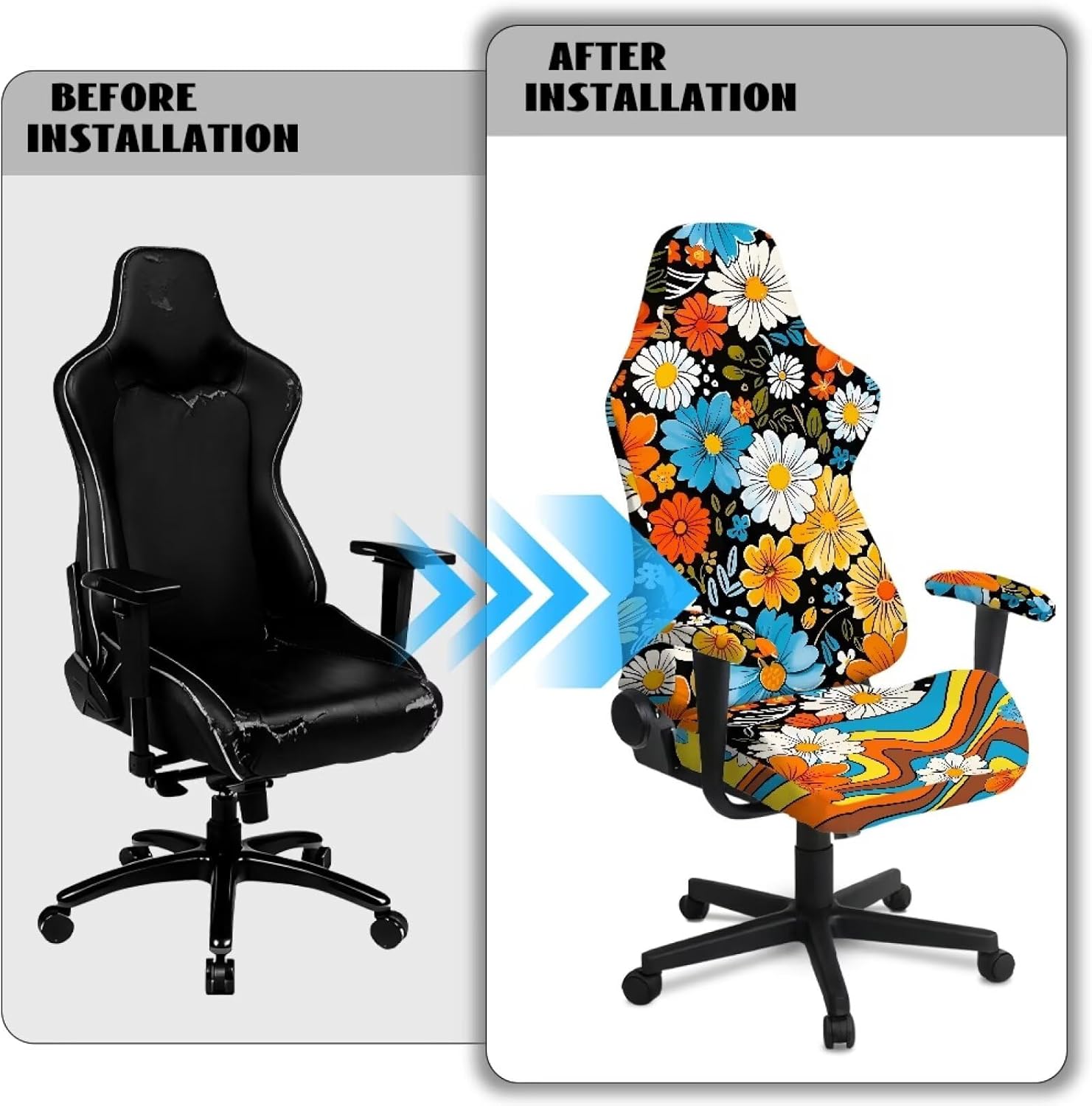 Hippie Flowers Stripes Stretch Gaming Chair Slipcover Lightweight Office Desk Chair Slipcovers with Arms Accent Computer Reclining Racing Chairs Protector