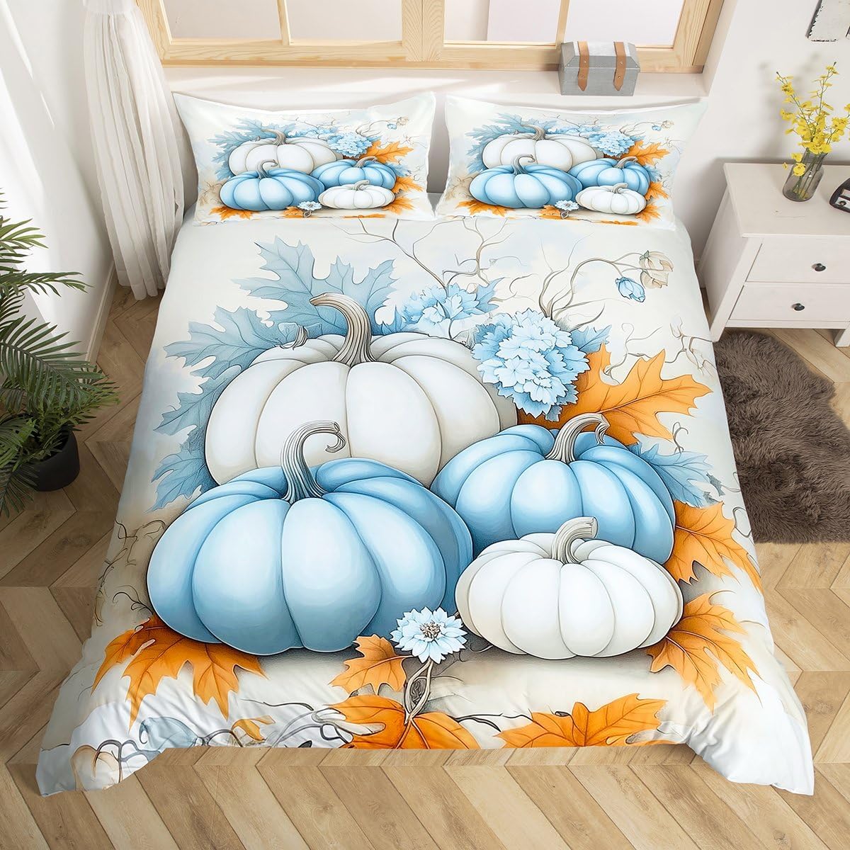 Erosebridal Fall Theme Queen Duvet Cover,Thanksgiving Pumpkin Bedding Set for Kids Adults,Autumn Leaves Harvest Bed Set,Rustic Country Farmhouse Comforter Cover 3Pcs Room Decor (No Comforter)