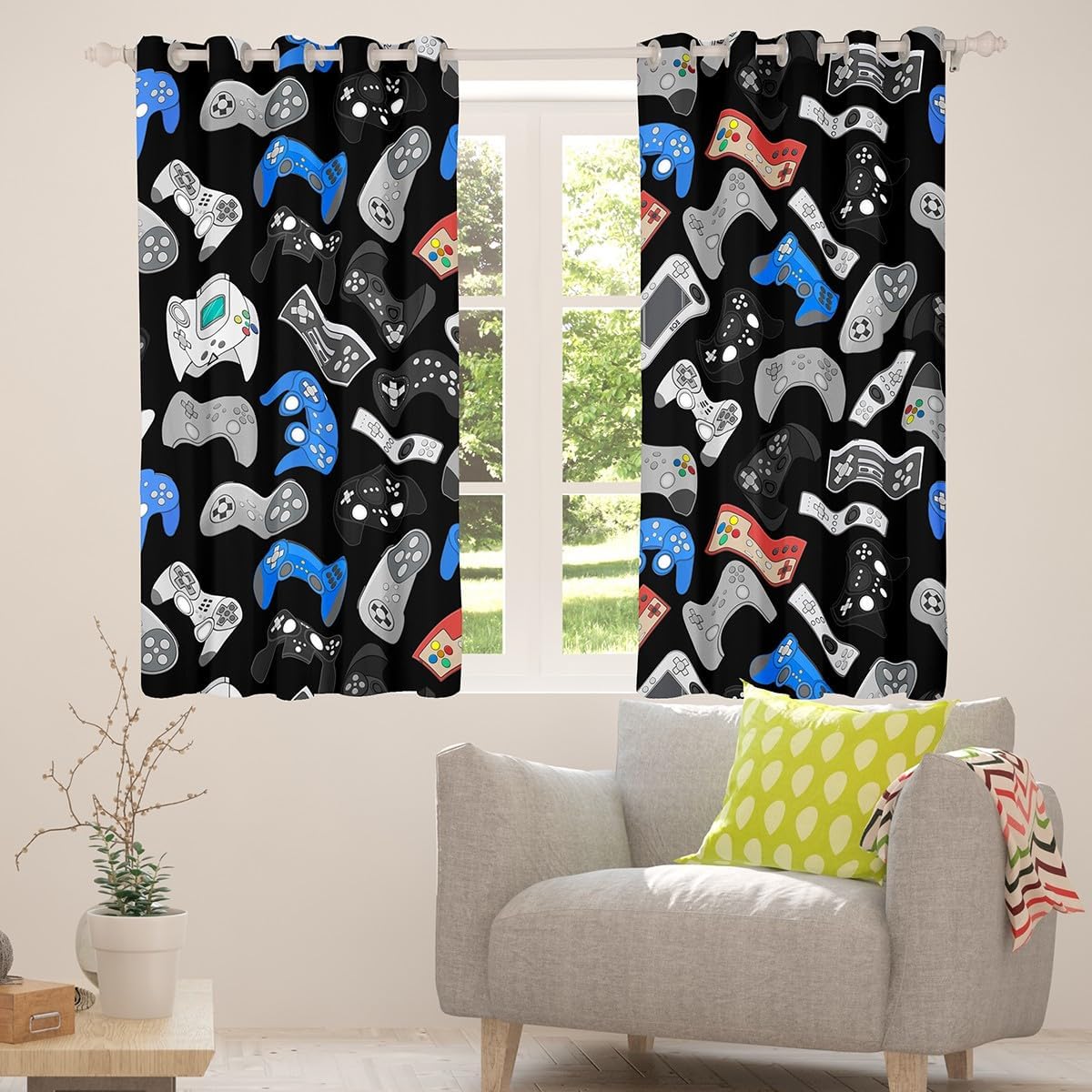 Erosebridal Gamer Curtains for Boys Room,Blue Black Video Gamer for Boys Kids Teen Bedroom Window Treatment, Gaming Game Controller Living Room Drapes 2 Panel Sets, 42X63 Inch