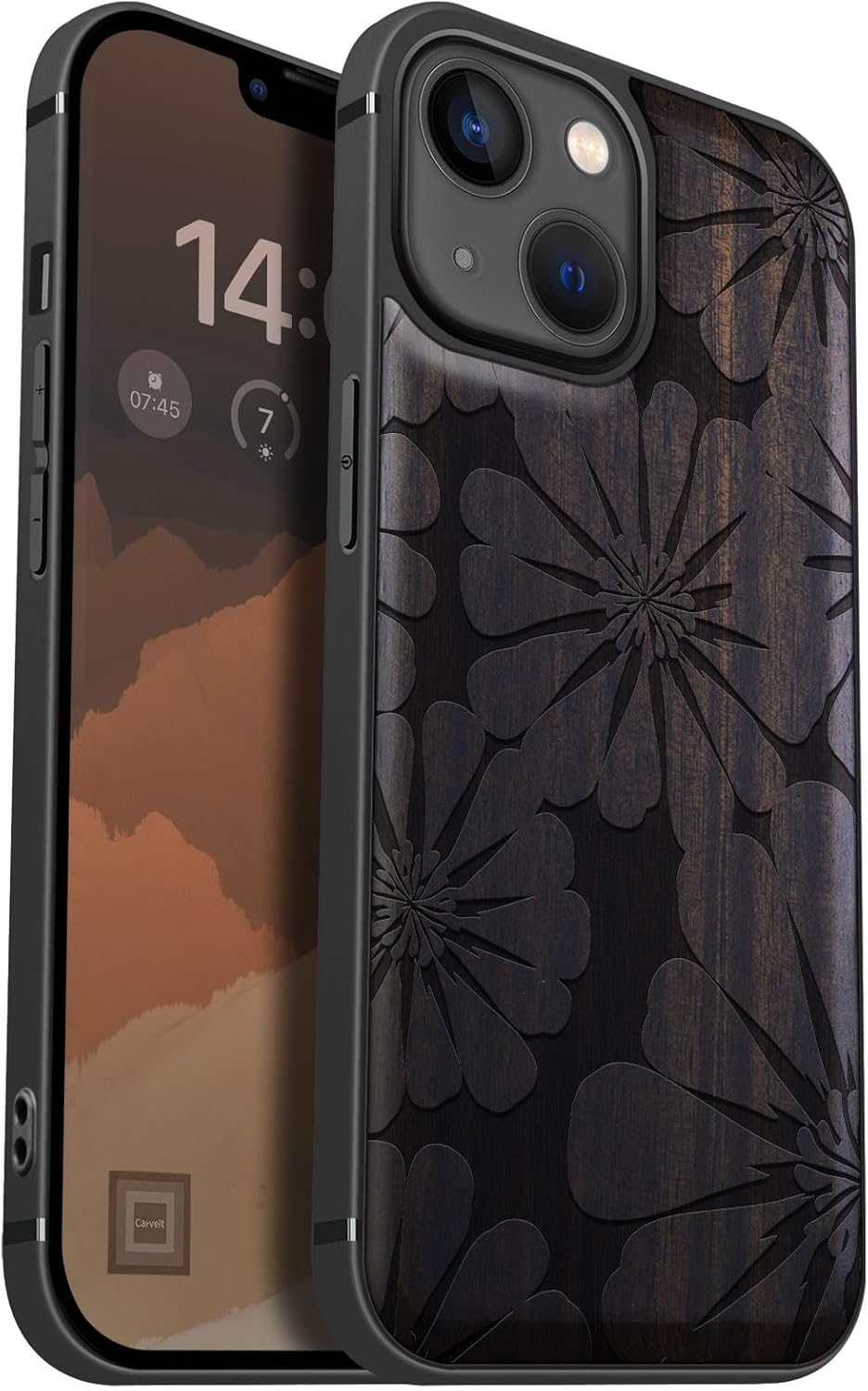 Carveit Magnetic Wood Case for iPhone 13 Mini Case [Hard Real Wood & Soft TPU] Unique & Classy Wooden Shockproof Hybrid Protective Cover Compatible with MagSafe (Floral Radiance -Blackwood)
