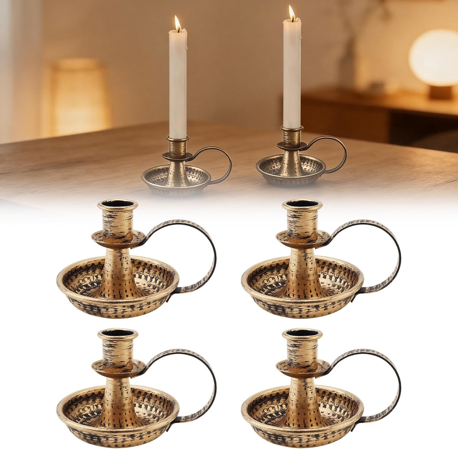 4 Pcs Retro Iron Taper Candle Holder, Bronze Candlestick Holders