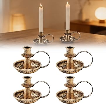 4 Pcs Retro Iron Taper Candle Holder, Bronze Candlestick Holders with Handle Candlelight Stand for Farmhouse Decor Home Wedding Party Table Decoration 4, Bronze