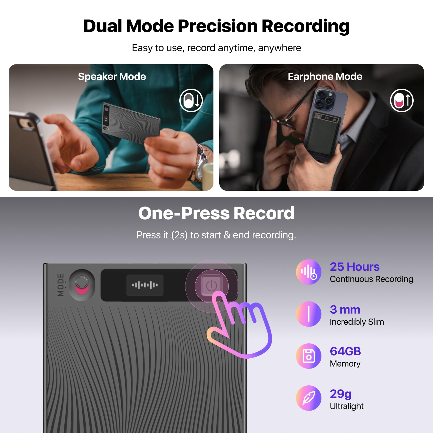 Mobvoi TicNote AI Voice Recorder 64GB Memory Note Recorder w/Case App Control 100+Languages Transcribe Summarize with AI Shadow Digital Audio Recorder for Phone Calls Lectures Meetings Interviews - Image 3