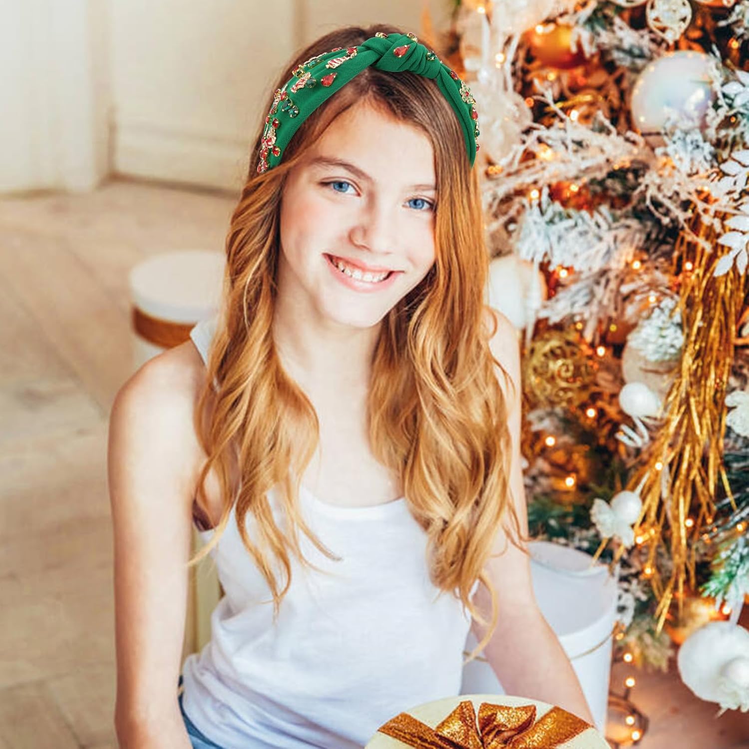 Christmas Headband for Women Wide Snowflake Knotted Christmas Headband with Crystals Jeweled Crystal Xmas Hairband Holiday Accessories Gift for Women(Green) - Image 6
