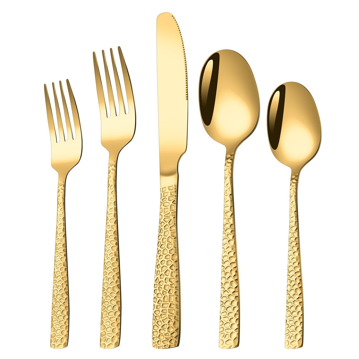 OLSKFUH Cutlery Flatware Cutlery Set, 5/20/30/40/50/60Pcs Stainless Steel Hammered Square Handle Cutlery Steak Cutlery,Gold-5 Pieces for 1