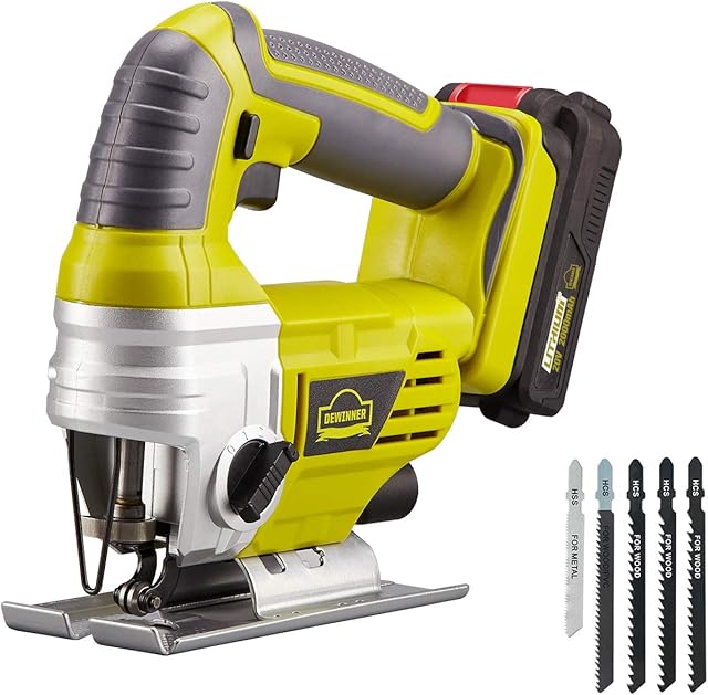 DEWINNER Cordless Jigsaw, Electric Saw Tool, Variable Speed for Bevel Cutting Led Light, Include 2.0Ah Li-ion 20V MAX Battery and Fast Charger,5*Blades, Tool-Less Blade Change for Wood Metal Cutting