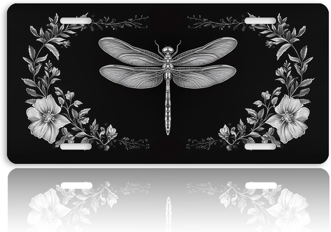 Dragonfly Front License Plate for Women Botanical Floral Wildflower Nature Car Vanity Plates Decorative Aluminum Metal Cute Novelty License Plate Cover for Men 6x12 Inch (4 Holes)