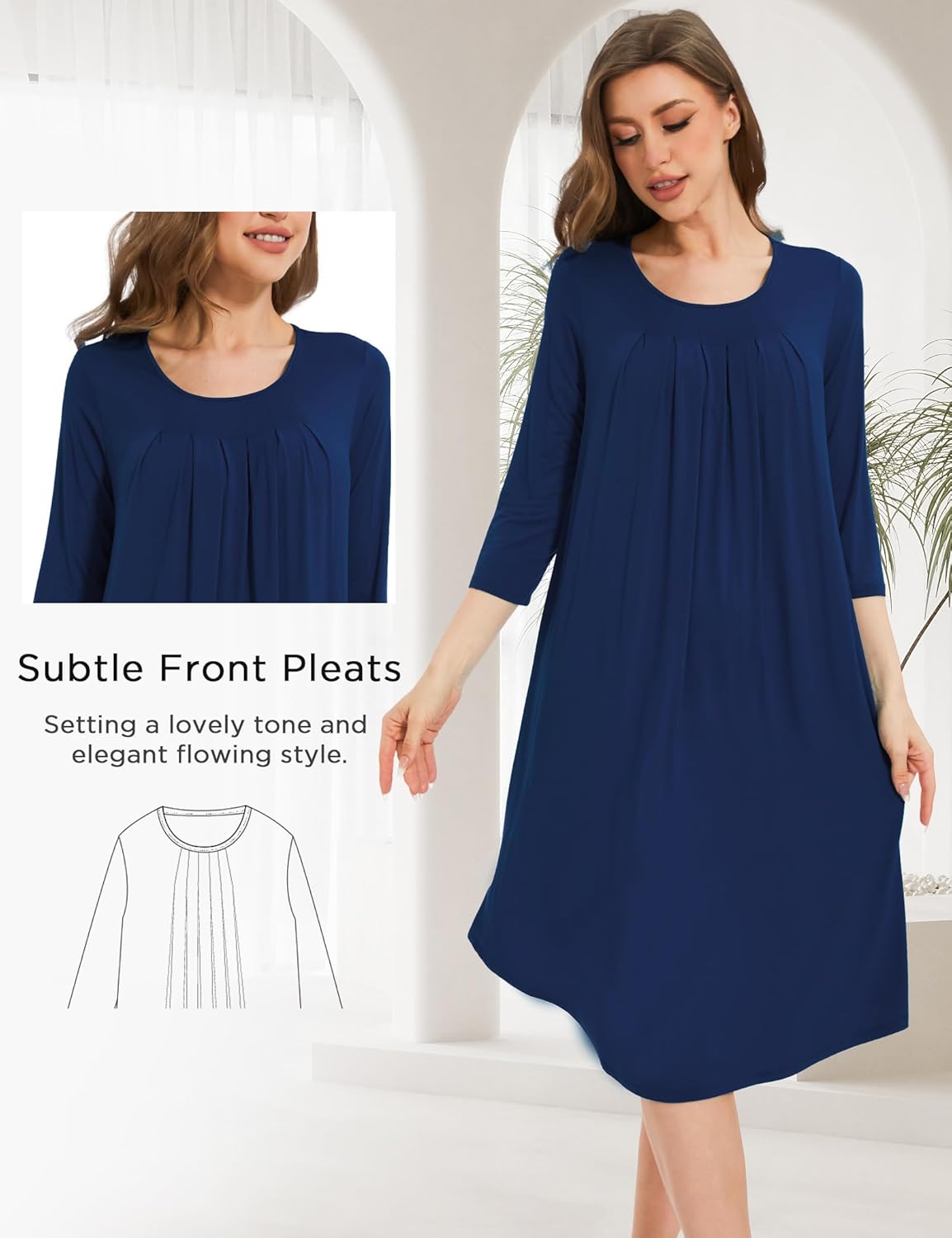GYS Womens Long Nightgowns Soft Bamboo Viscose 3/4 Sleeves Pleated Sleepshirts Ladies Sleepwear Gown for Mom - Image 4