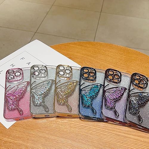 Miniatura 4 de Casechics Funda compatible con iPhone, funda de teléfono con purpurina electro chapada en mariposa de arena líquida, protección de lente de cámara,