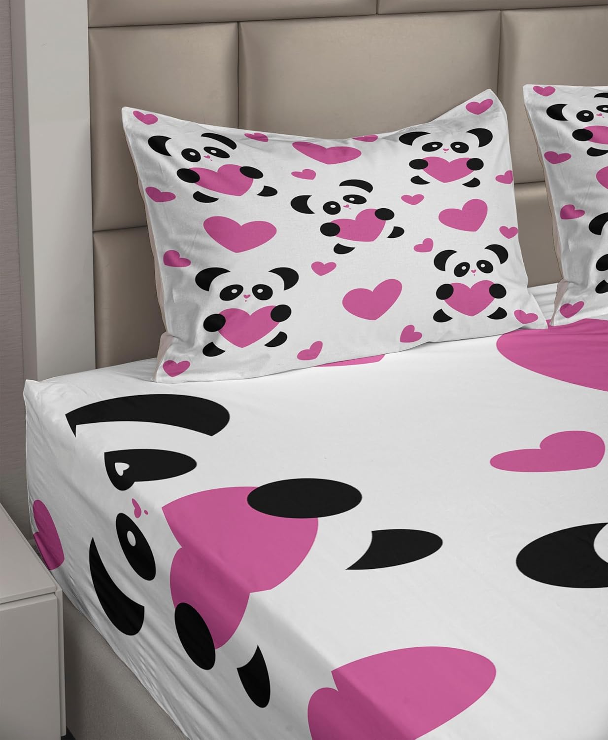 Ambesonne Love Sheet Set, Day of Love Pandas and Hearts Cartoon Cheerful Wildlife Fun Art, Fitted and Flat Sheet with Pillowcases Bedding Accent 4 Piece Set, Queen, Fuchsia White