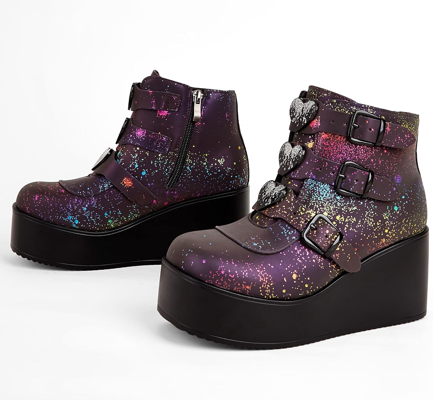 LUCKY STEP Women Platform Chunky Ankle Boots - Round Toe Zipper Wedges High Heels Rave Buckle Thick Sole Goth Booties