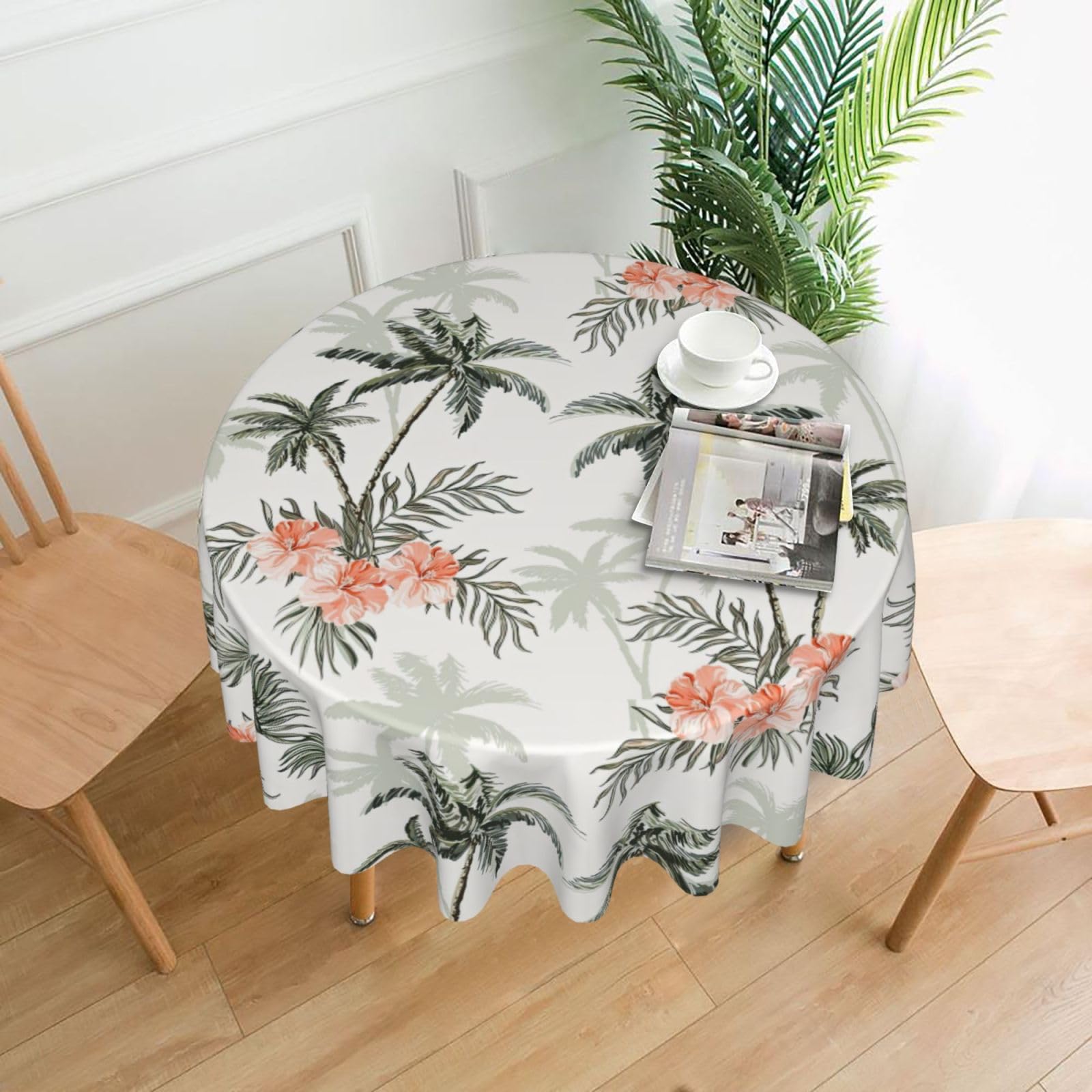 OXbnmm Tropical Palm Trees Print Soft Round Tablecloth 60in Polyester Washable Cover Cozy Gift for Mom Housewarming