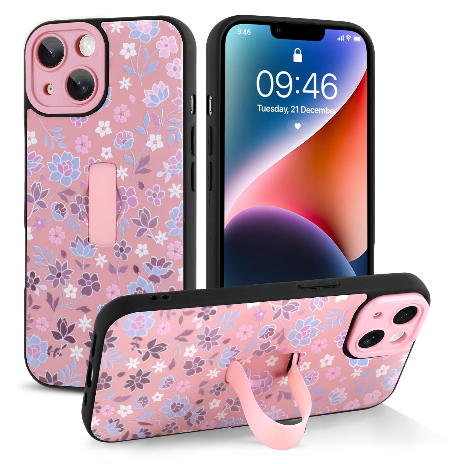 Jefonha Compatible with iPhone 14 Case with Finger Hand Strap Kickstand, Cute Flowers Floral Phone Case for Girls Women Men, Full Camera Protection