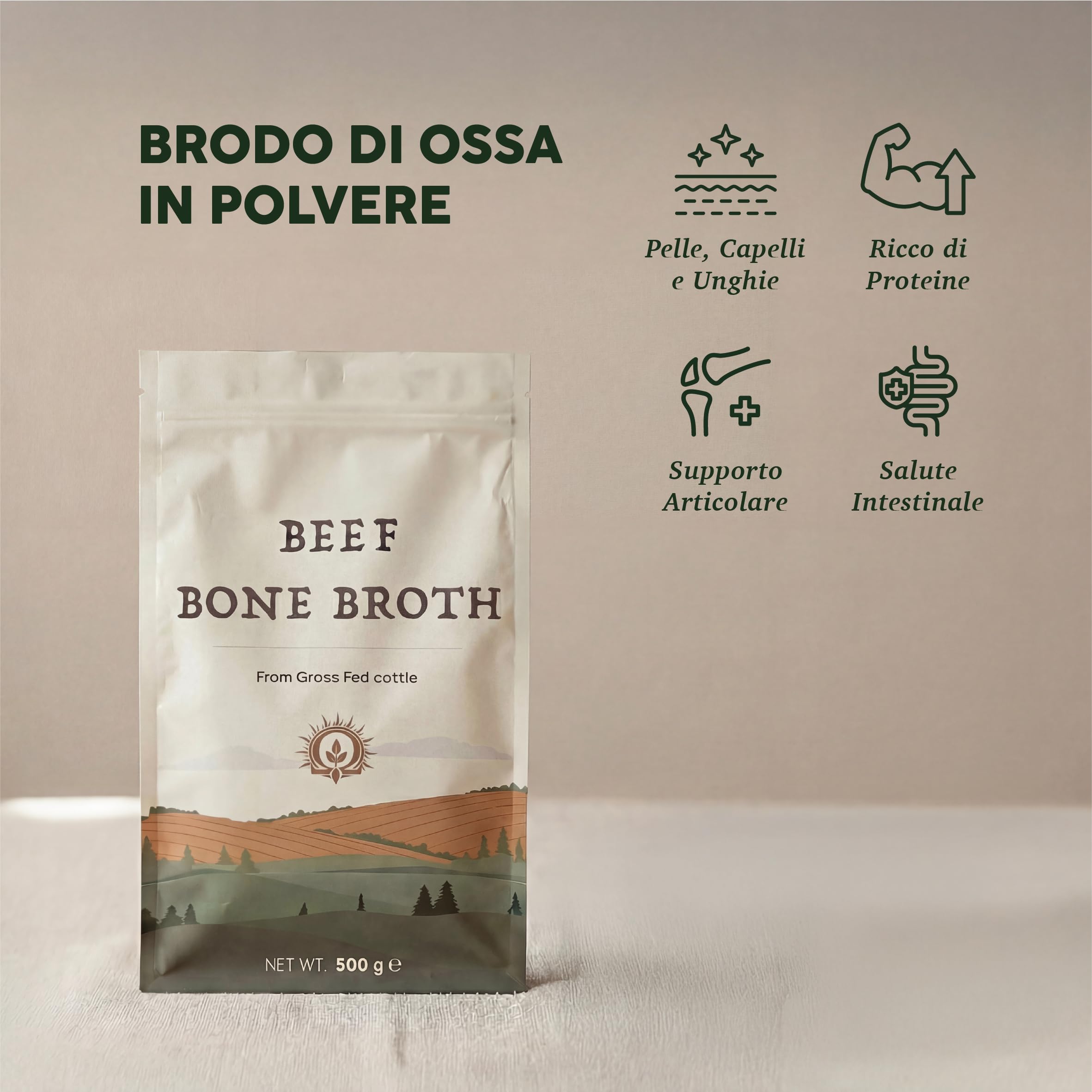 Polvere di brodo di ossa di manzo – 500 g – Origine UE Fed – Brodo osseo in polvere proteica collagene – crescita muscolare, salute delle ossa e qualità della pelle