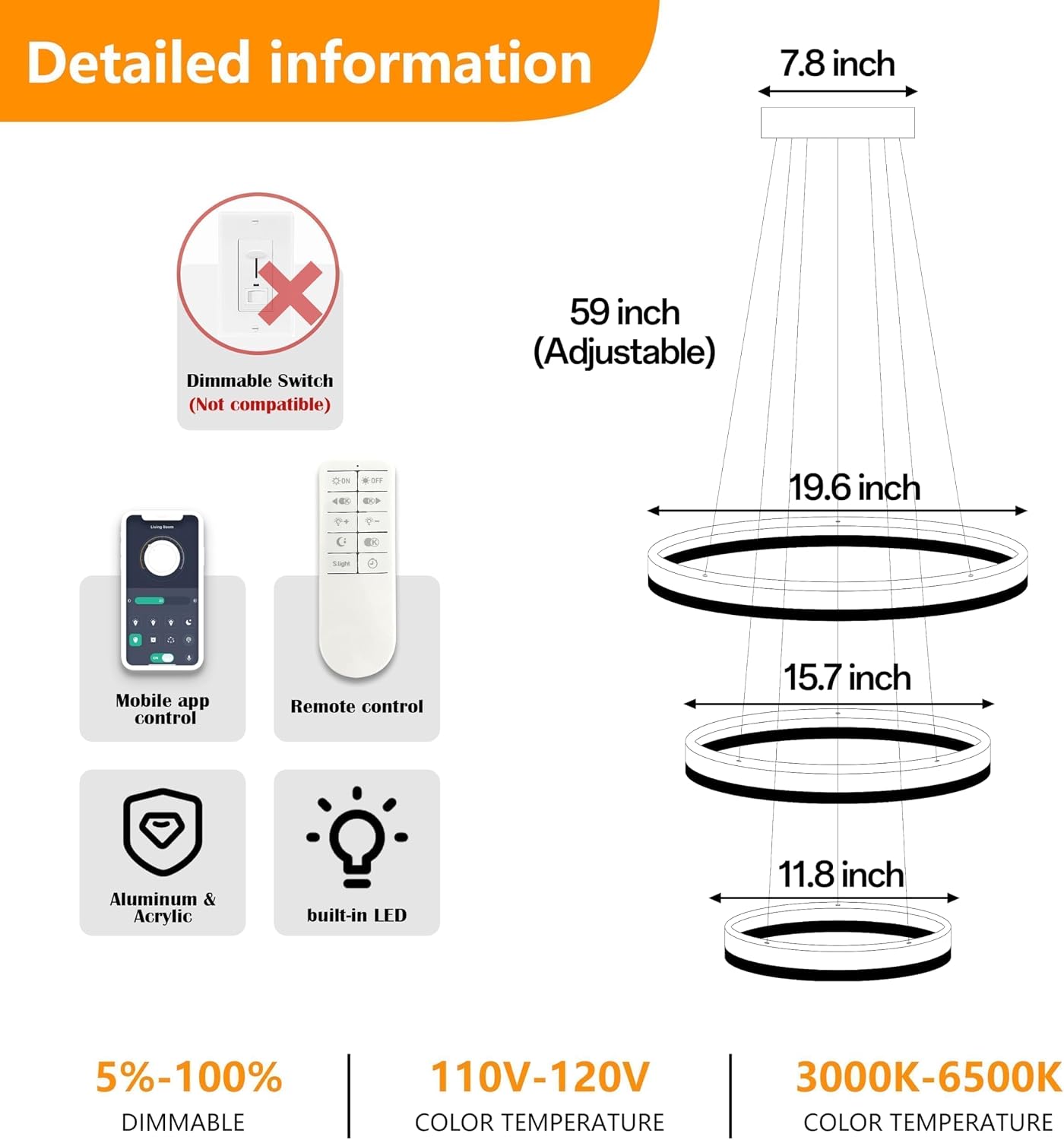 Modern Sliver Led Chandelier 3 Rings Pendant Lights Dimmable Chandeliers Color Temperature Height Adjustable Sliver Chandelier Led Pendant Light for Dining Room Bedroom Entryway Living Room