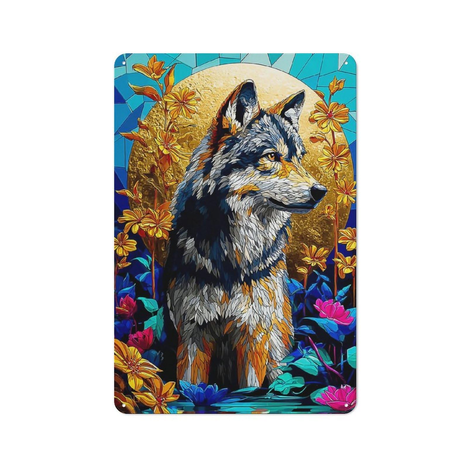 Junmoney Colorful Wolf Mosaic Art Metal Plaque With Design 30X20cm, Cosy Diner Style Decor For Coffee Bar, Kitchen, Bistro Or Tea Corner