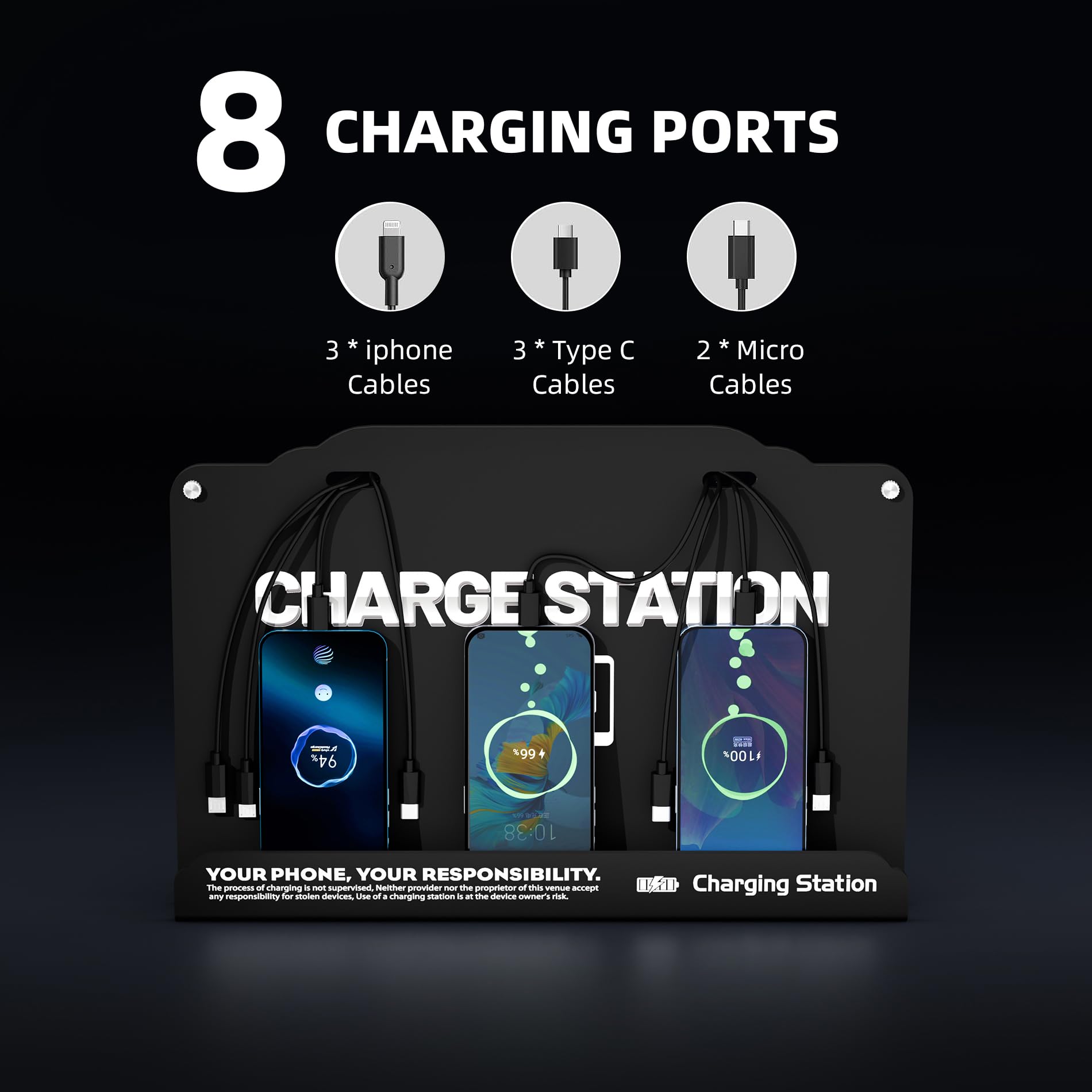 Estación de carga de 8 puertos montada en la pared con cables Fast Charigng - Base de carga multidispositivo para oficina, hotel y espacios públicos | Compatible con iPhone, iPad, smartphone, tabletas