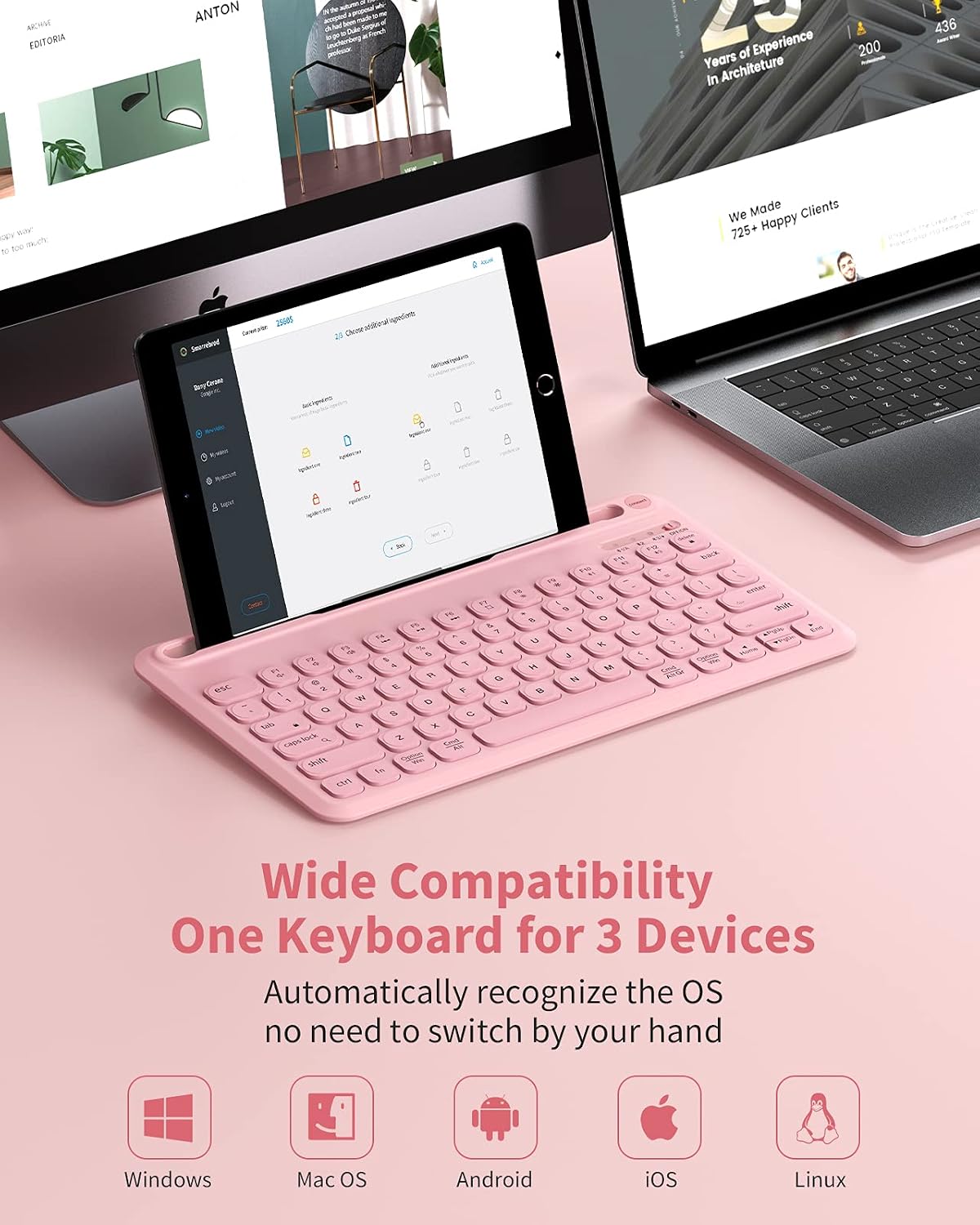 seenda Backlit Bluetooth Keyboard for Tablet Phone Computer, Rechargeable Multi-Device Bluetooth Wireless LED Keyboard for iPad Pro/Air/Mini, Compatible Mac Windows PC Android iOS Phone Tablet Pink