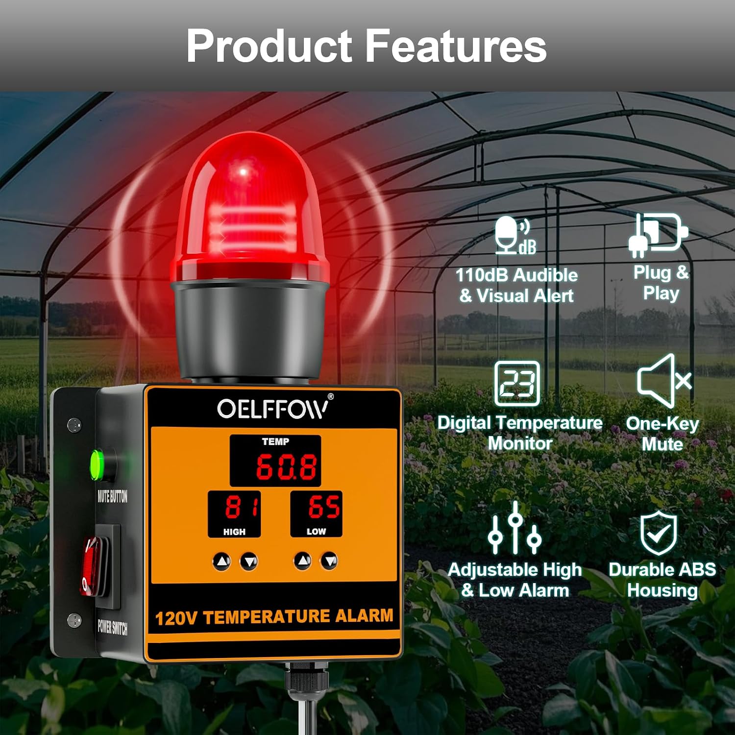 120 V Temperature Alarm, Temperature Monitor with 105 dB Integrated Sound & Light Alarm, Temp Controller for Greenhouses, Farms, Warehouses, One-Key Mute Button