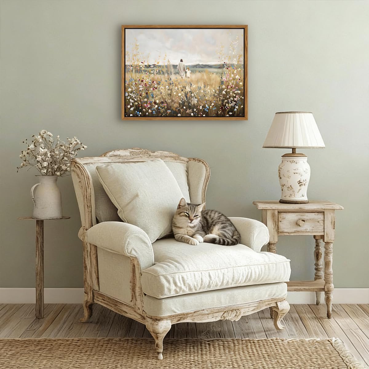 Framed Jesus and the Little Girl Canvas Wall Art Christian Wildflowers Field Painting, Christ Walking with Child Religious Picture for Living Room Bedroom Prayer Room Church Decor 16x24 inch