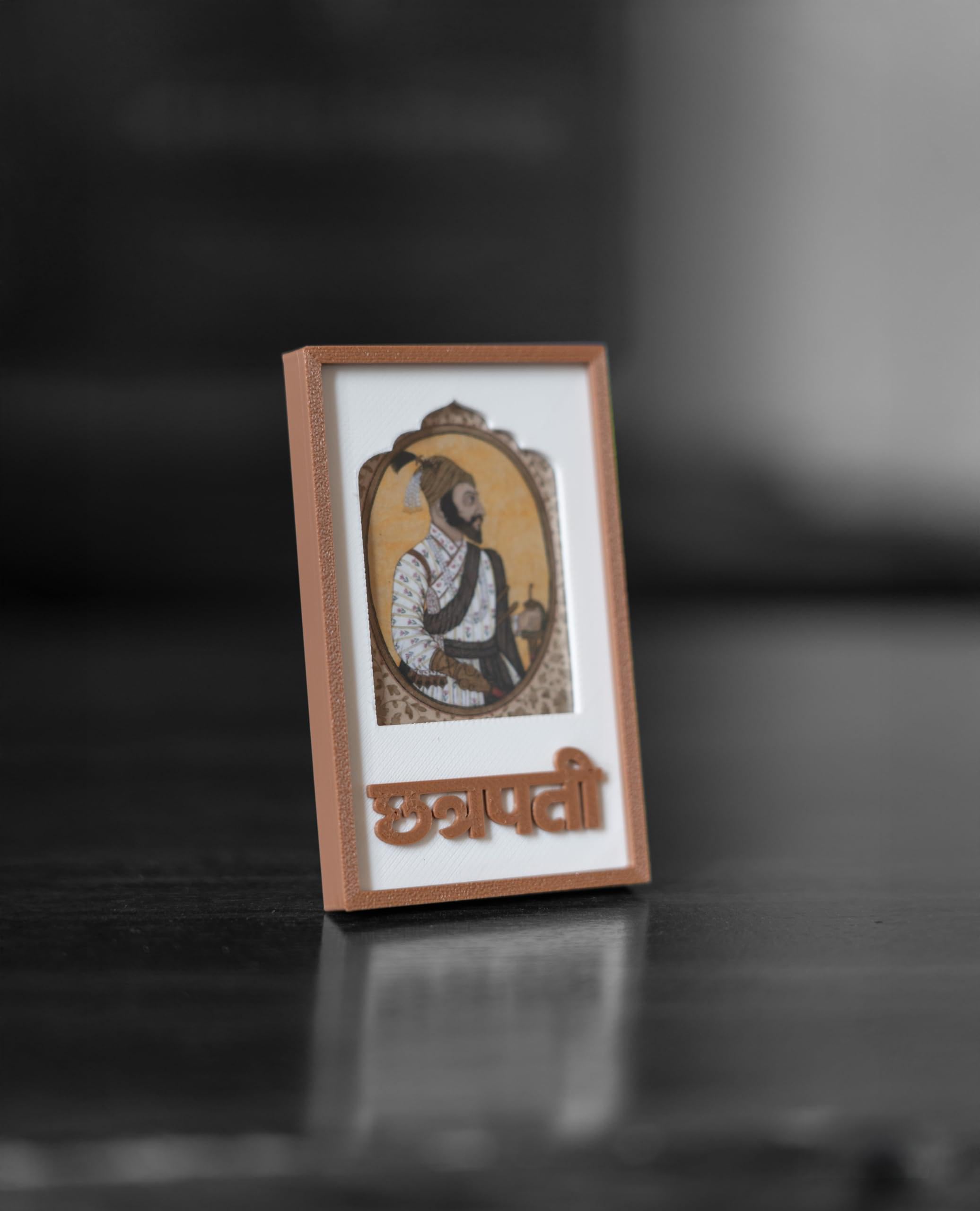 Chatrapati Shivaji Maharaj Desktop (Table top) Frame with Historical Portrait Art, Traditional Indian Design, Teracota colour with White Insert, Table top with Back STAND-image-29