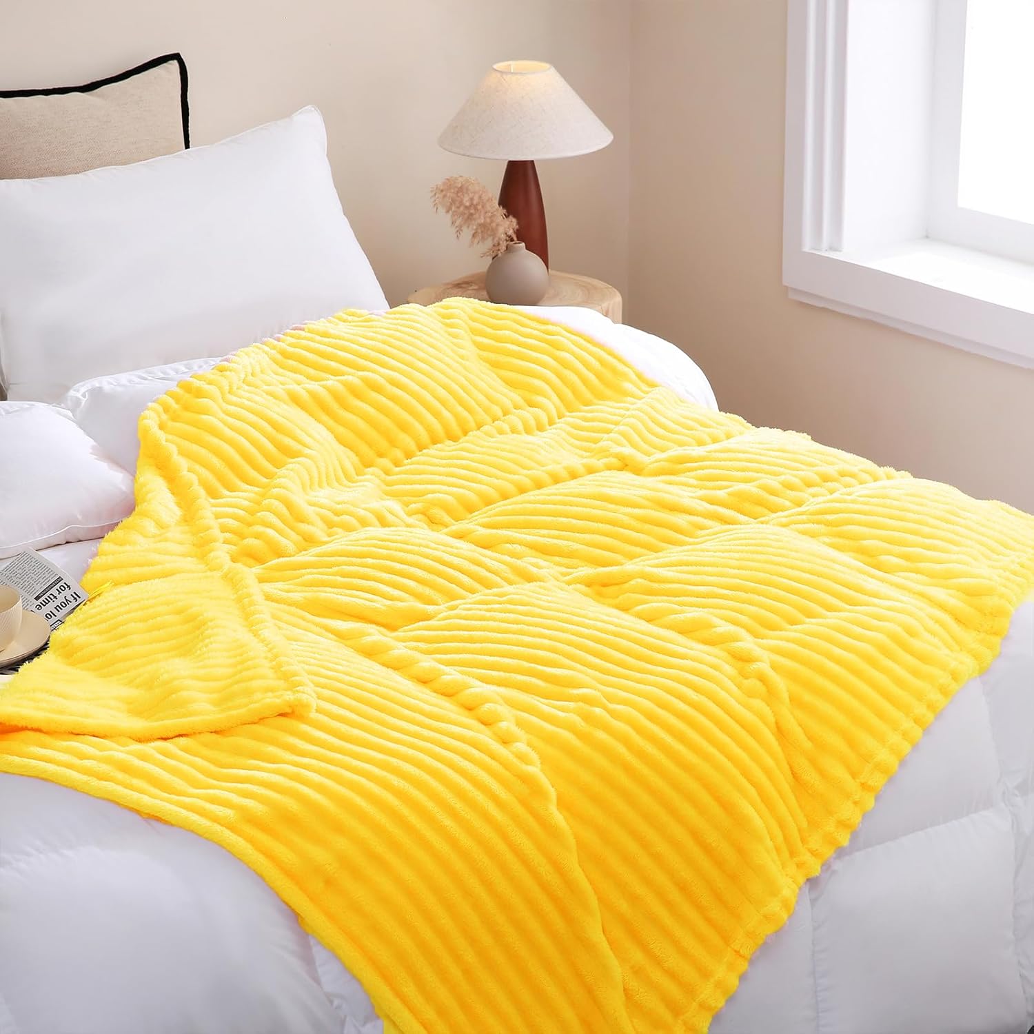 Bright Yellow Fleece Throw Blanket 50”×60” for Couch Sofa Bed,Super Soft Cozy Plush Microfiber Flannel Blanket with Stripes Design Lightweight for Adults,Woman,Girls - Image 2