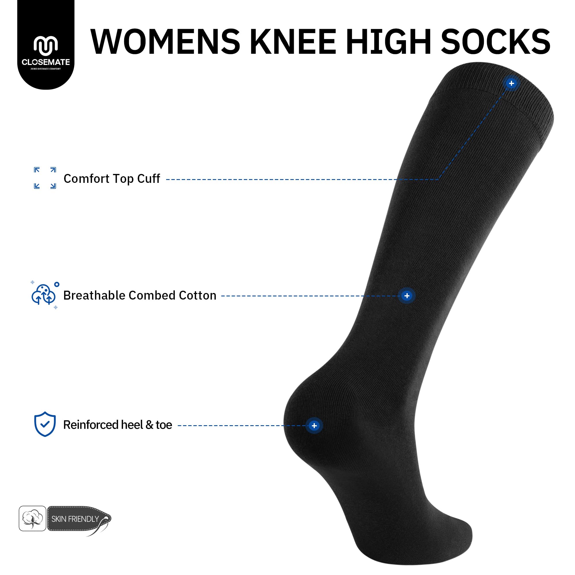 CLOSEMATE Gambaletti Calze Lunghe Donna al ginocchio 3 Paia - Cotone Morbido 80%, Elastico Alto che Non Stringe e Non Scende, Senza Cuciture - Ideali per Lavoro e Uso Quotidiano