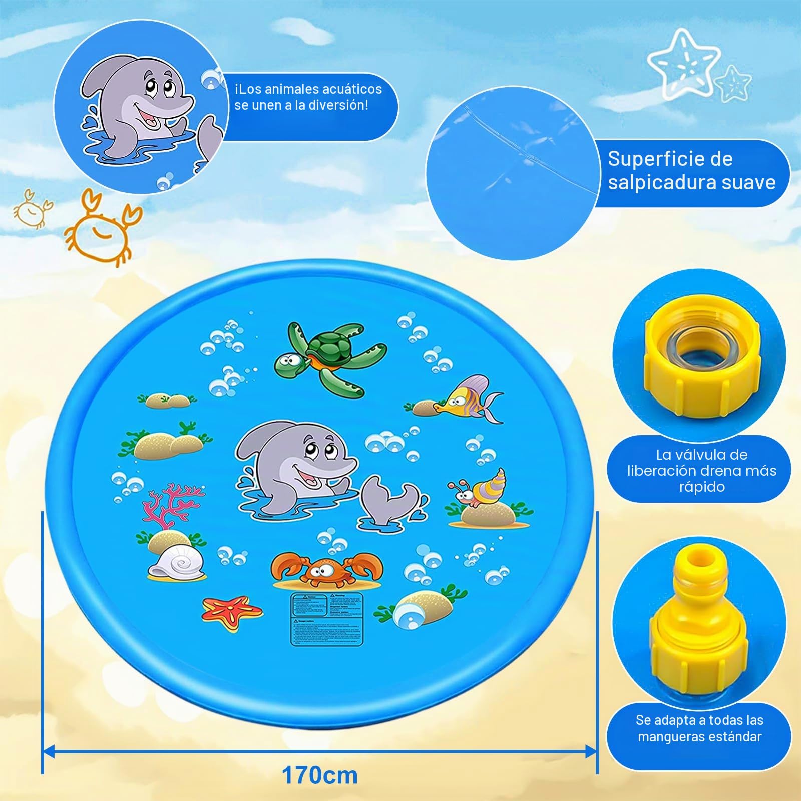 Alfombra Rociadora de Agua para Exterior 170 cm - Juguete Infantil de Verano para Niños 2 3+ Años con Conexión a Manguera, Parque Acuático Infantil, Piscina Refrescante Jardín