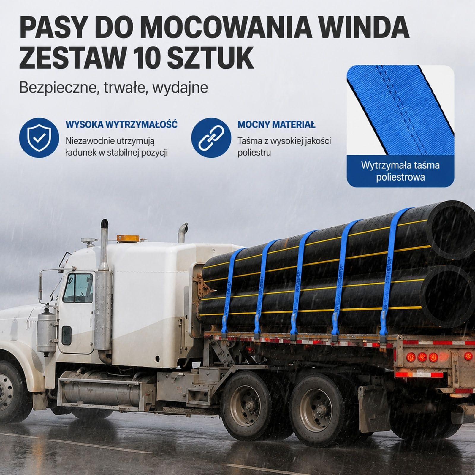Pasy wyciągarkowe do ciężarówek z płaskim hakiem, zestaw 10 sztuk, niebieskie, do holowania