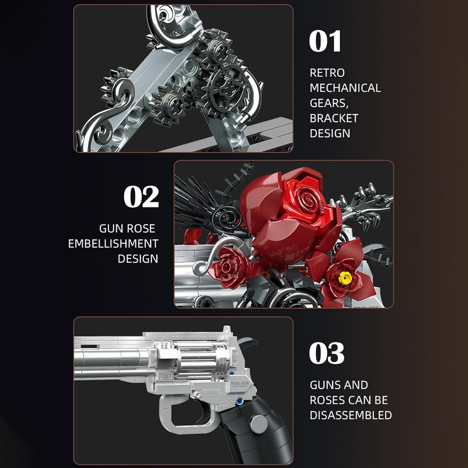 Building Blocks Gun Revolver Set, 631 PCS Brick Pistol Model Kit with Roses, Creative Mechanical Block Gun, Compatible with Lego 853792 Accessory Toy for Kid & Adults Home Decor